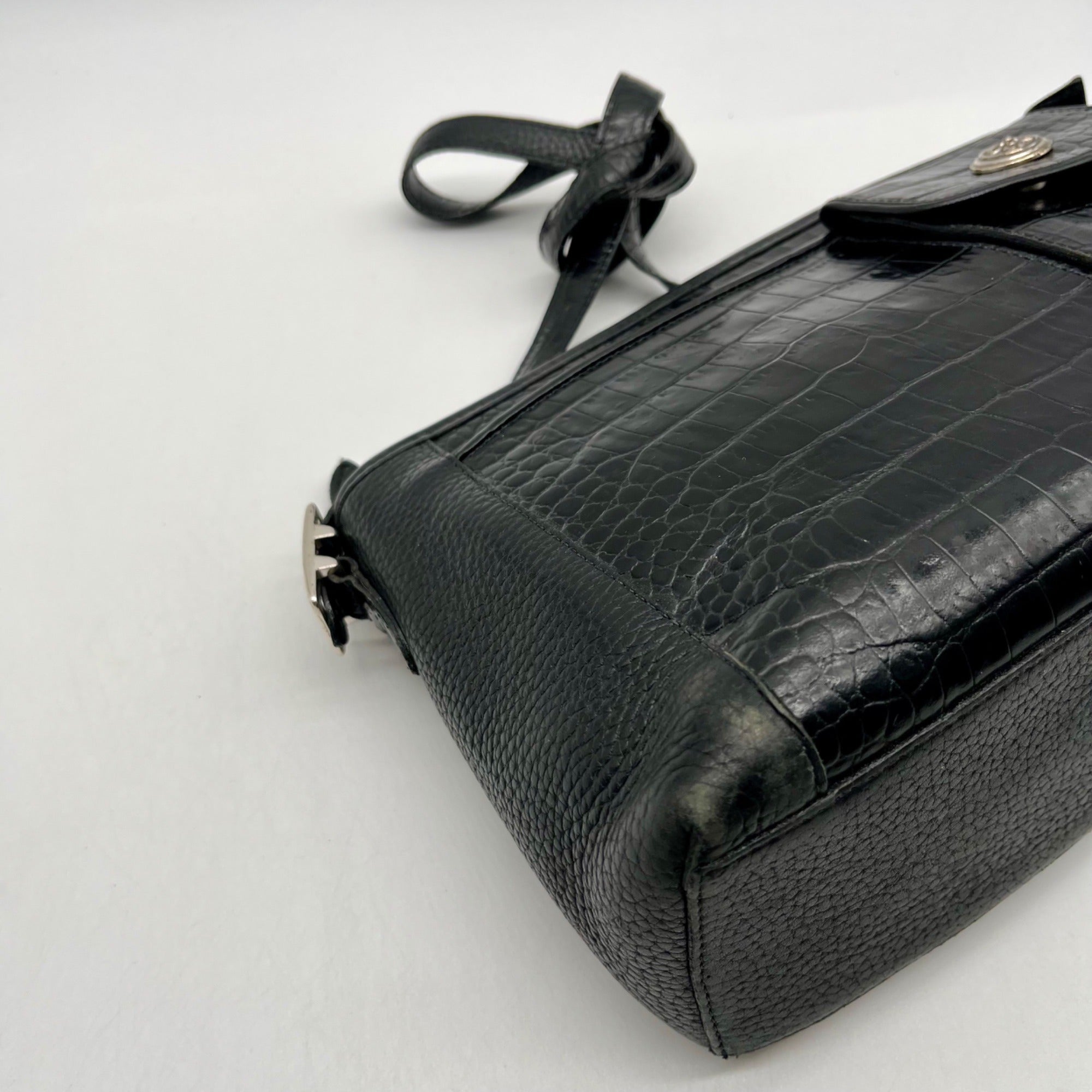 Brighton Black Pebbled Leather And Croc-Embossed Shoulder Bag