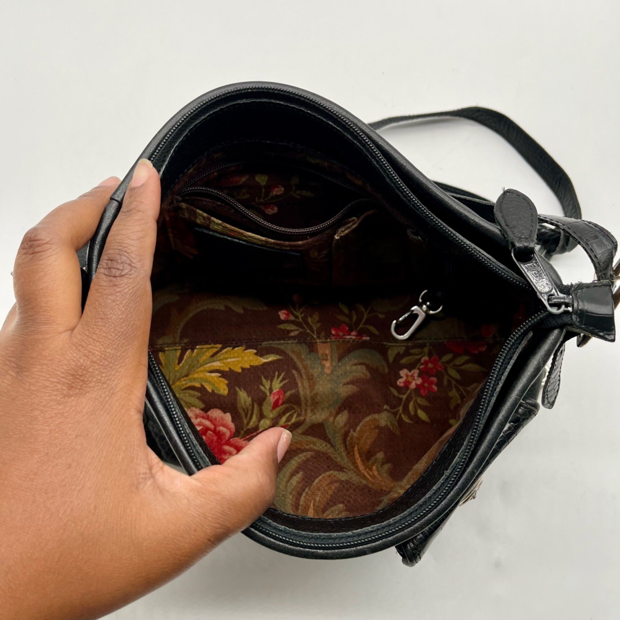 Brighton Black Pebbled Leather And Croc-Embossed Shoulder Bag