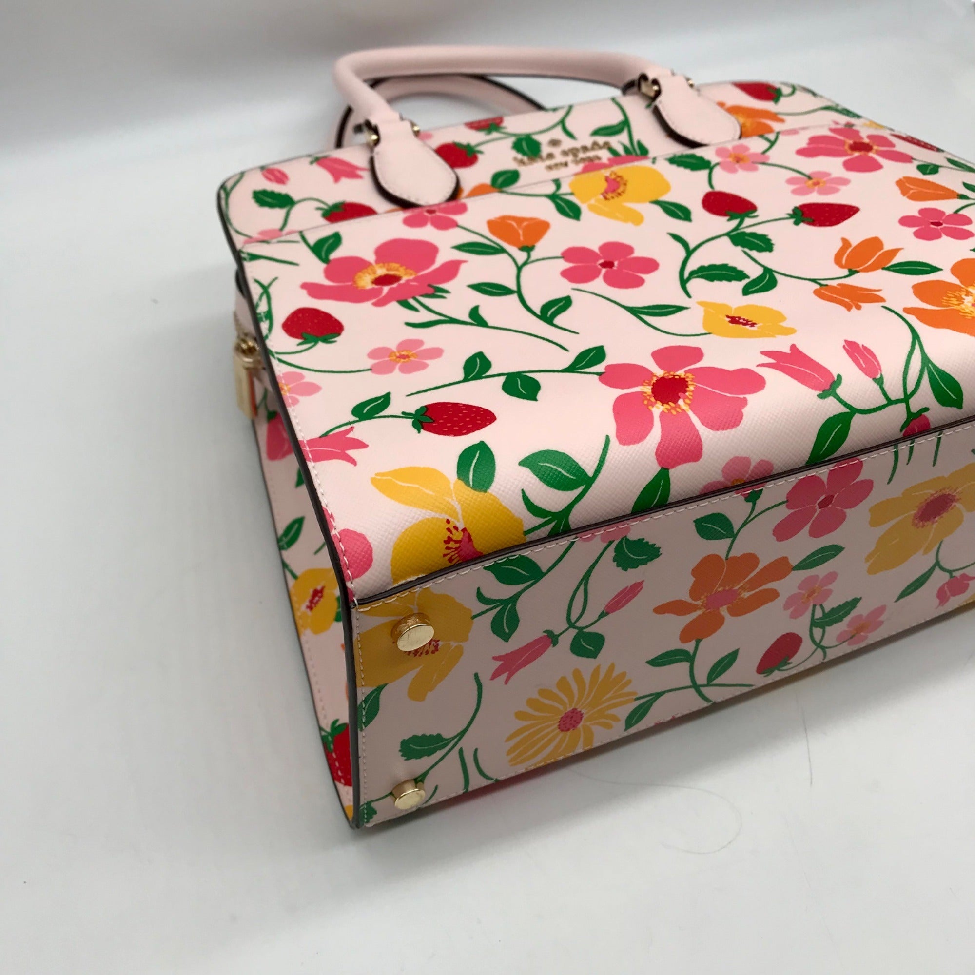 Kate Spade Pink Leather Madison Strawberry Garden Floral Satchel Bag