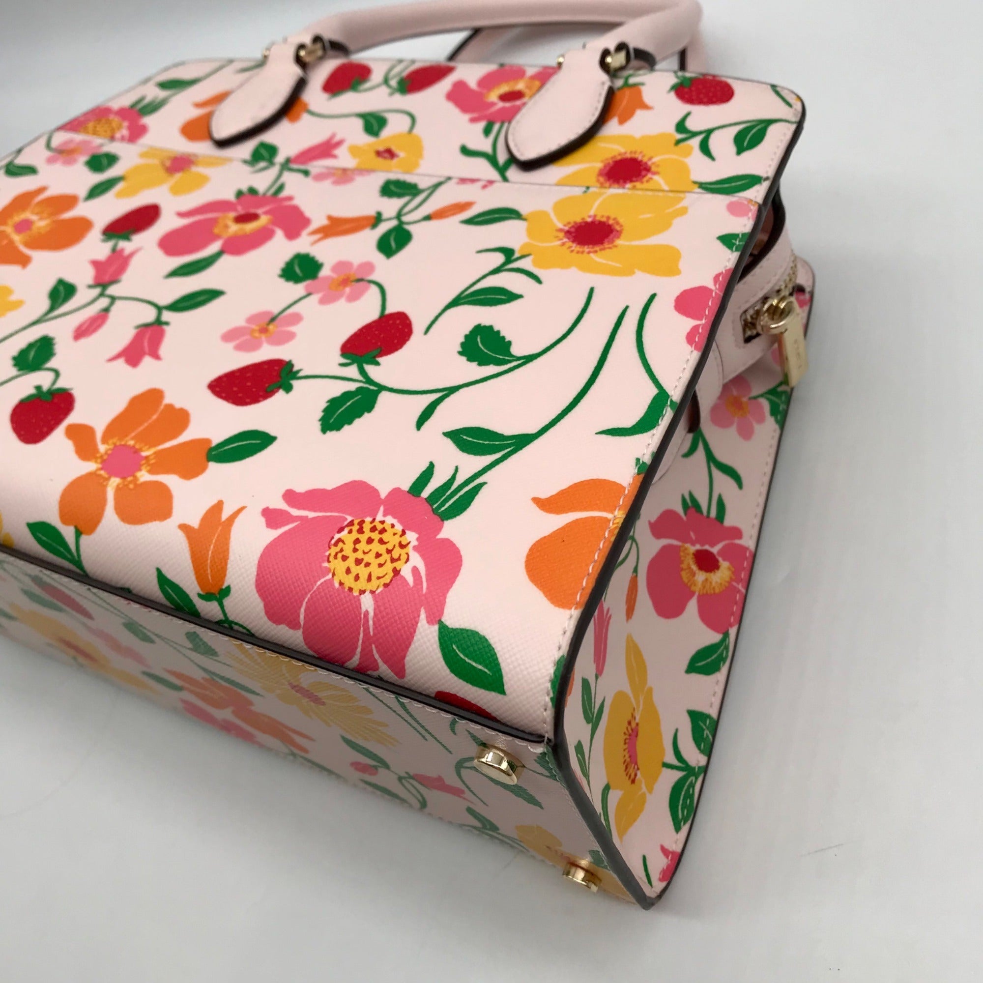 Kate Spade Pink Leather Madison Strawberry Garden Floral Satchel Bag