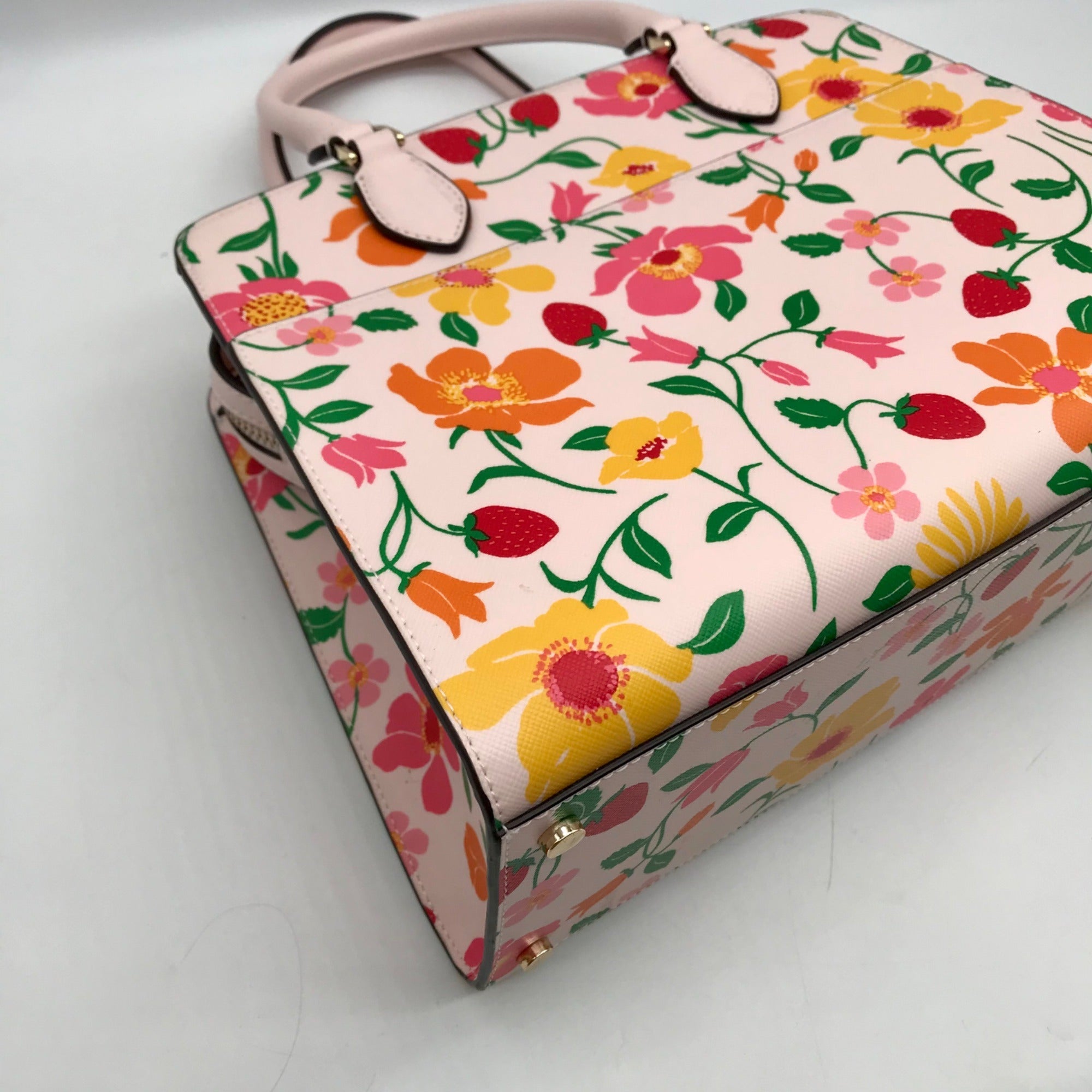 Kate Spade Pink Leather Madison Strawberry Garden Floral Satchel Bag