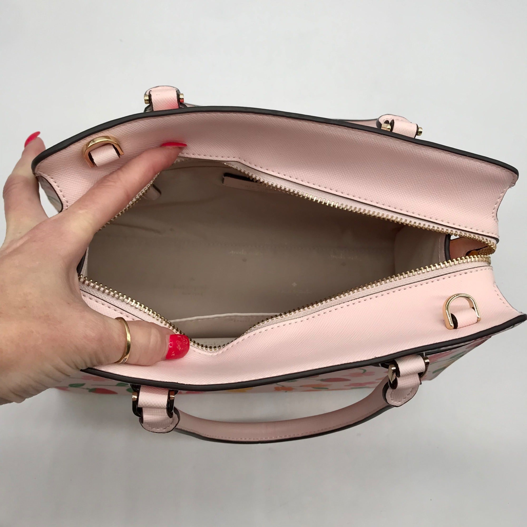 Kate Spade Pink Leather Madison Strawberry Garden Floral Satchel Bag