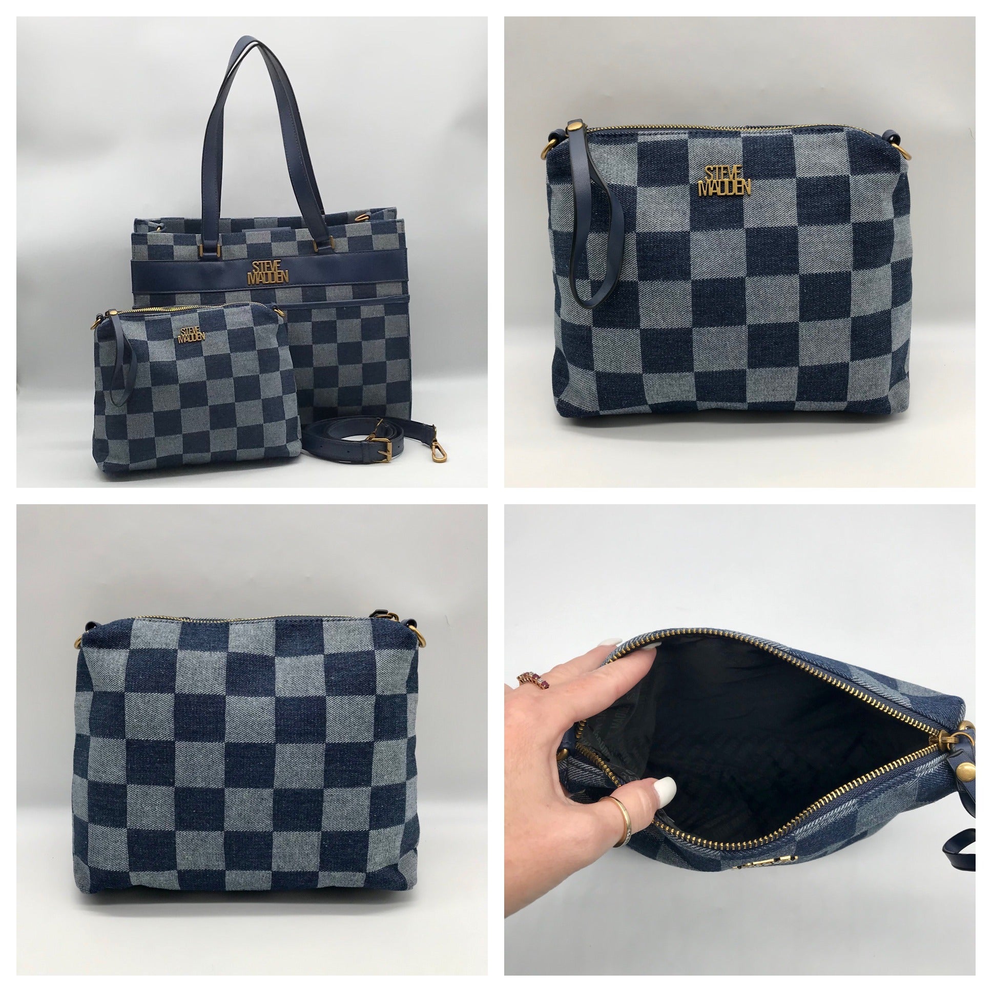 Steven Madden Denim Checkered Blivia Tote Bag With Convertible Pouch