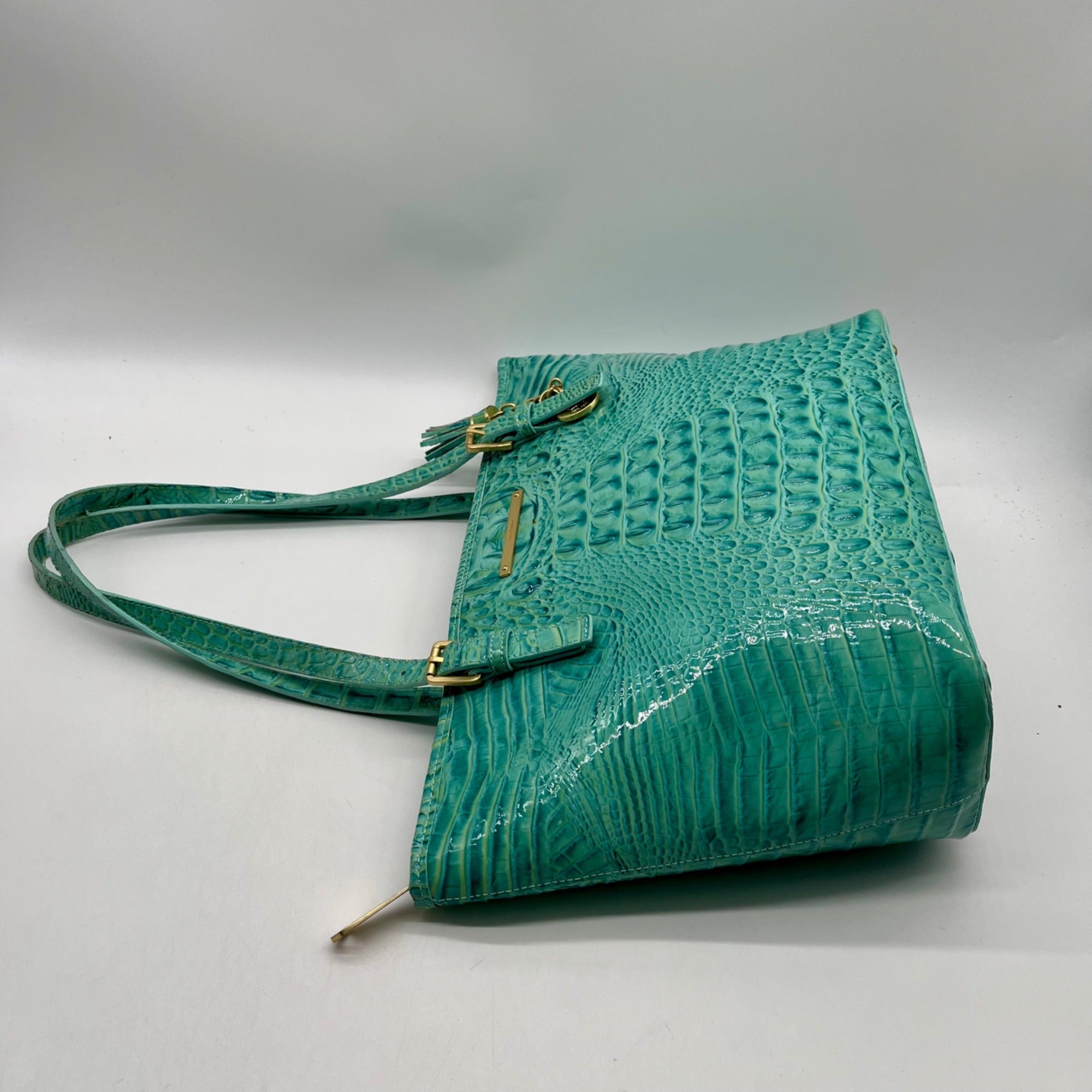 Brahim Teal Croc-Embossed Leather Satchel