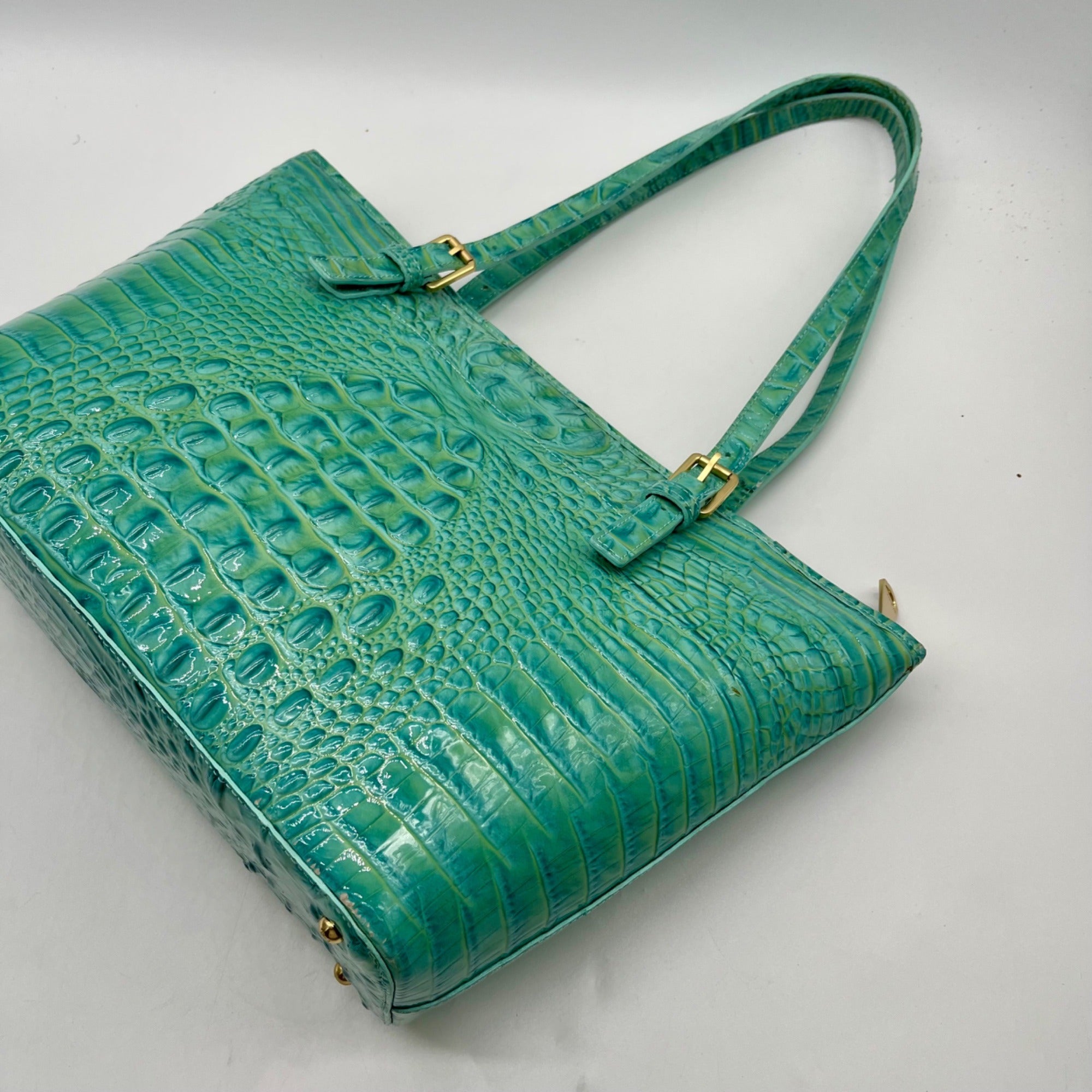 Brahim Teal Croc-Embossed Leather Satchel