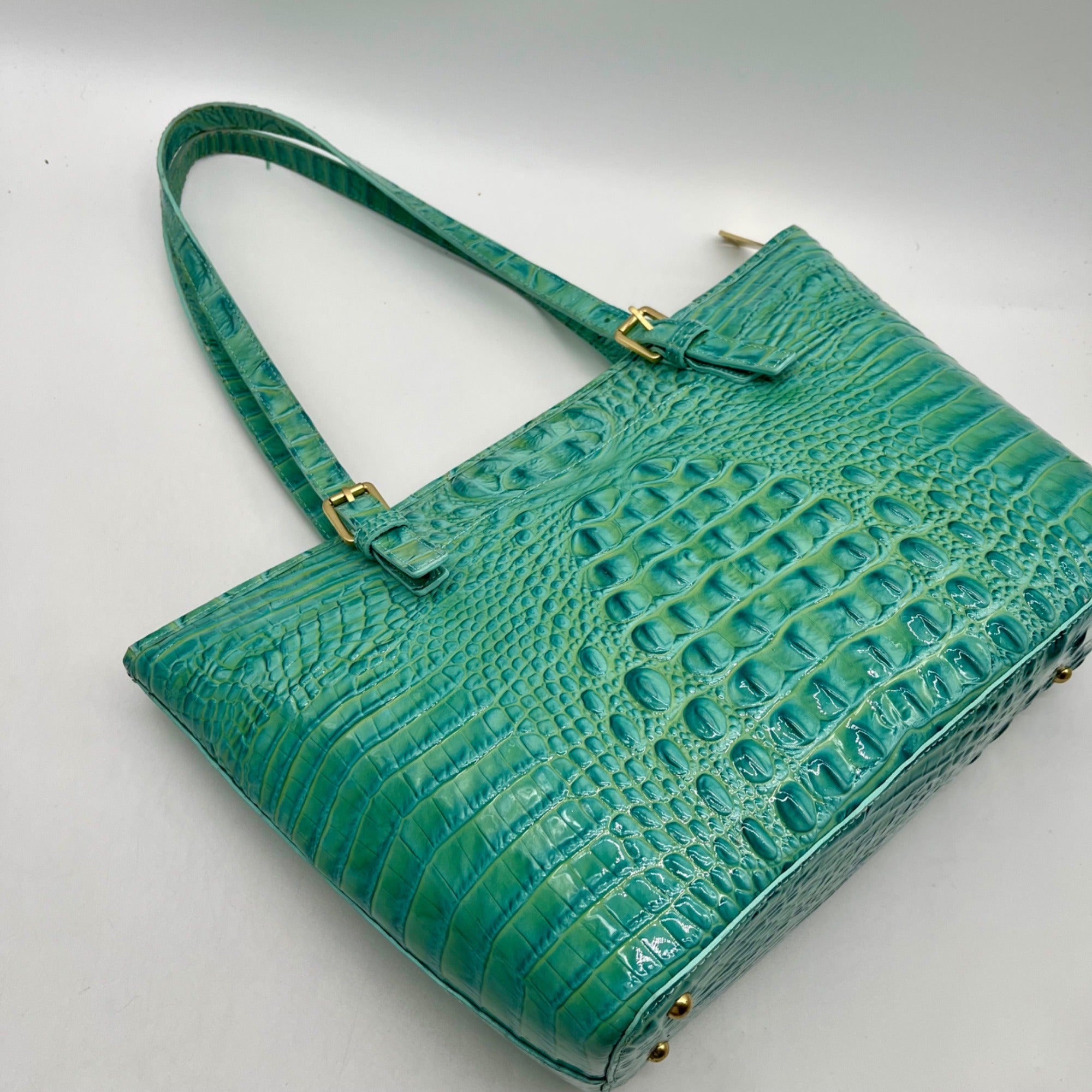 Brahim Teal Croc-Embossed Leather Satchel
