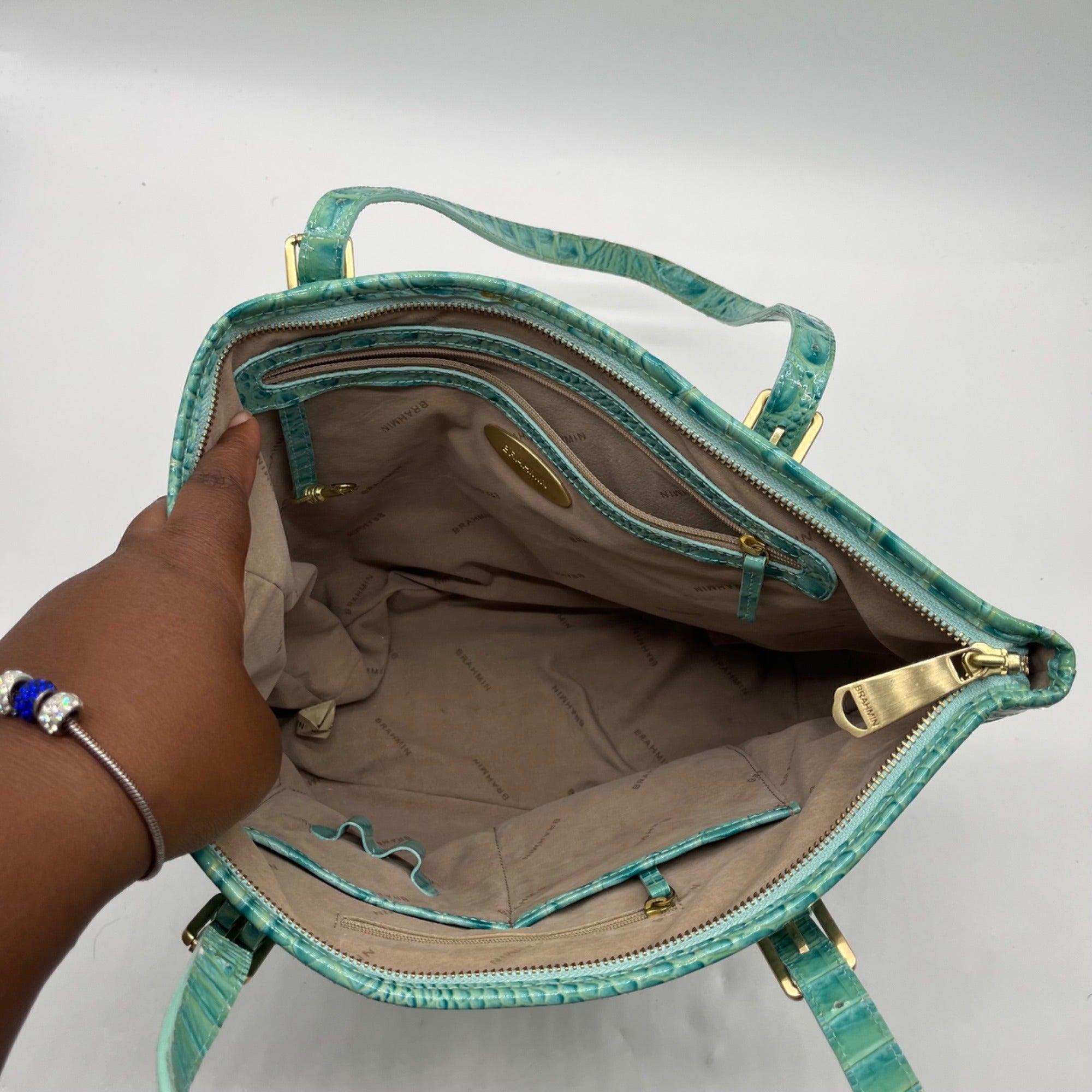 Brahim Teal Croc-Embossed Leather Satchel