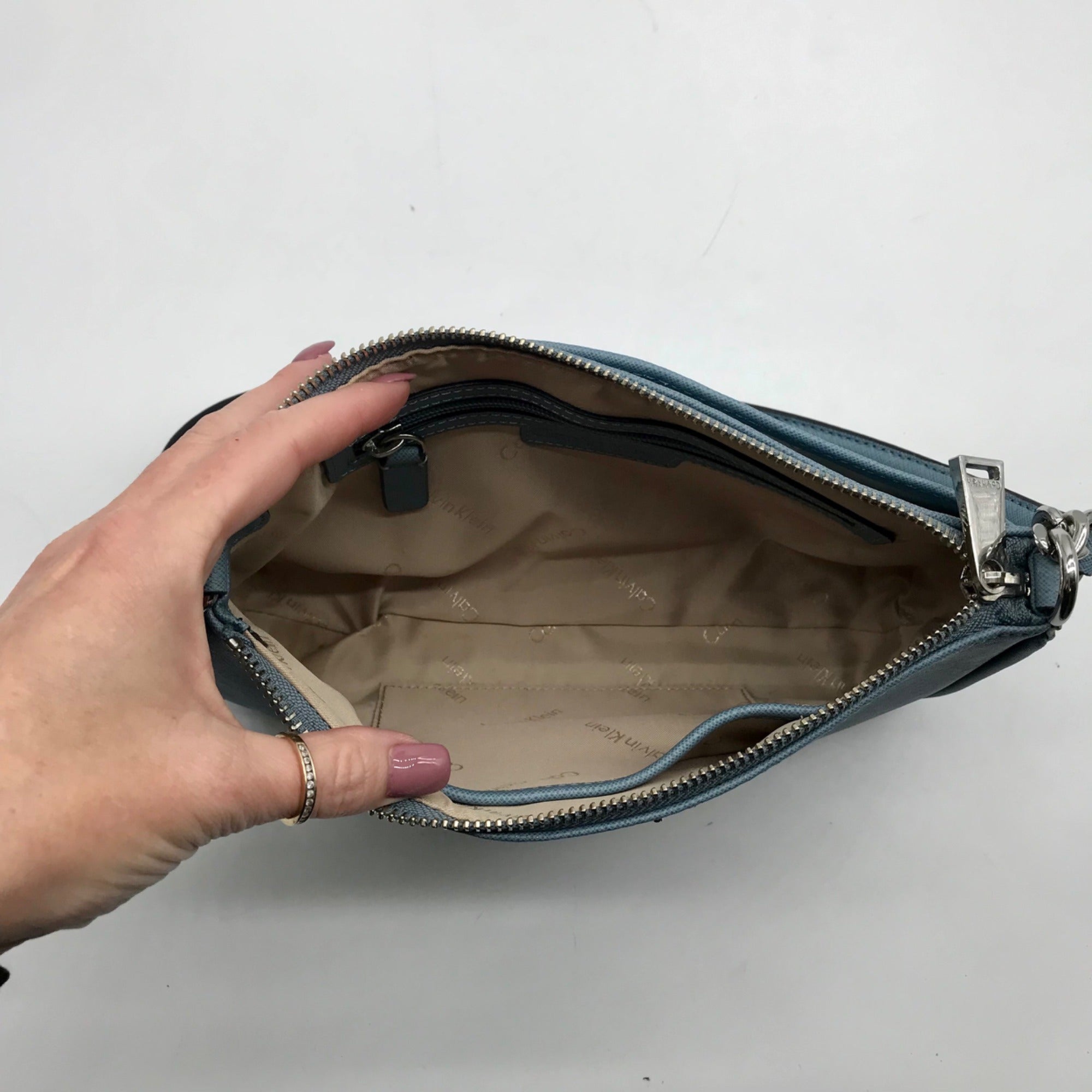 Calvin Klein Light Blue Saffiano Leather Demi Shoulder Bag