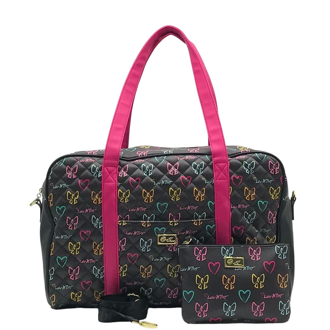 Betsy Johnson Black Quilted Leather Bow And Heart Duffel Bag With Pouch