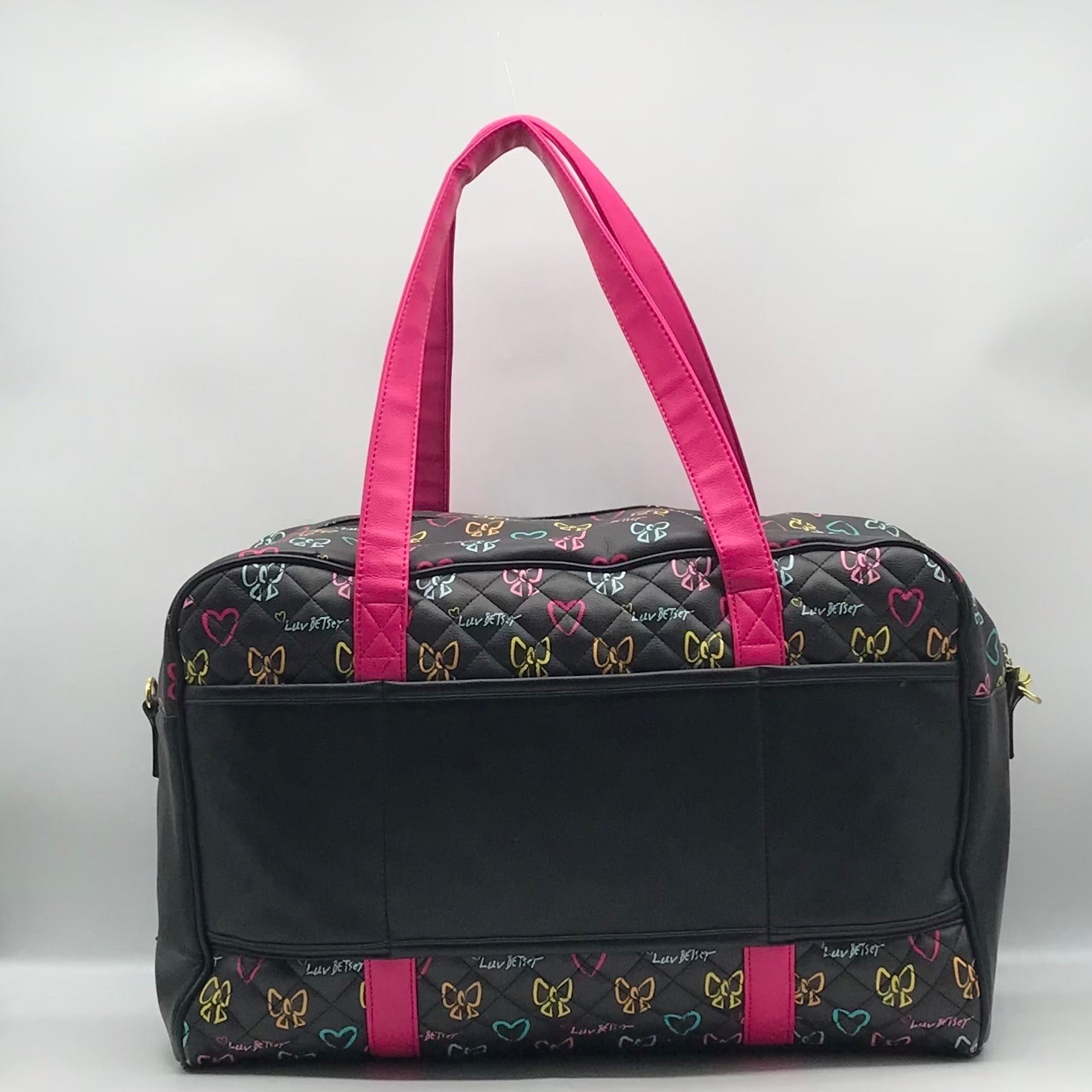 Betsy Johnson Black Quilted Leather Bow And Heart Duffel Bag With Pouch