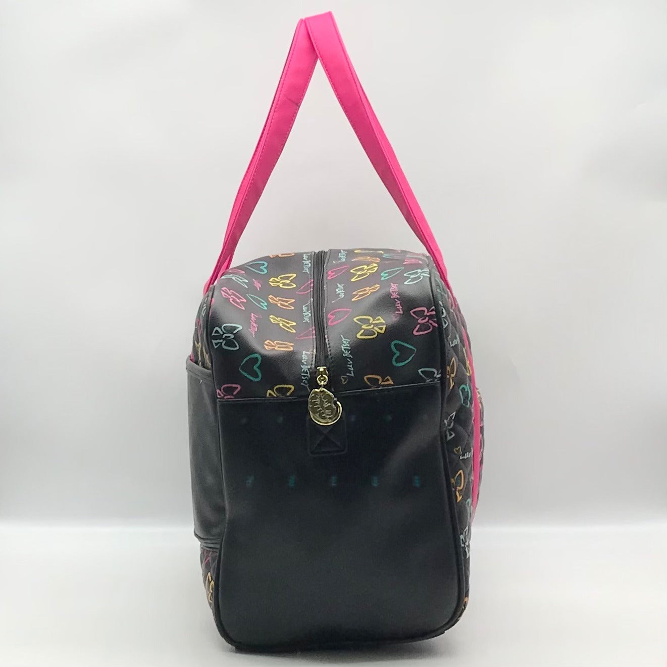 Betsy Johnson Black Quilted Leather Bow And Heart Duffel Bag With Pouch