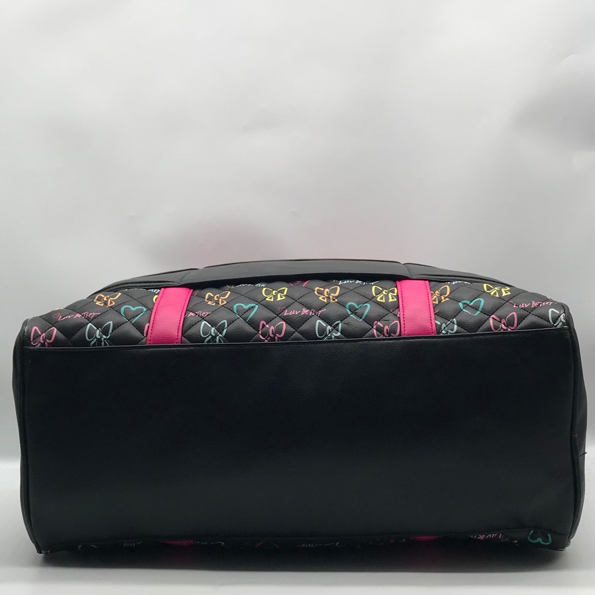 Betsy Johnson Black Quilted Leather Bow And Heart Duffel Bag With Pouch