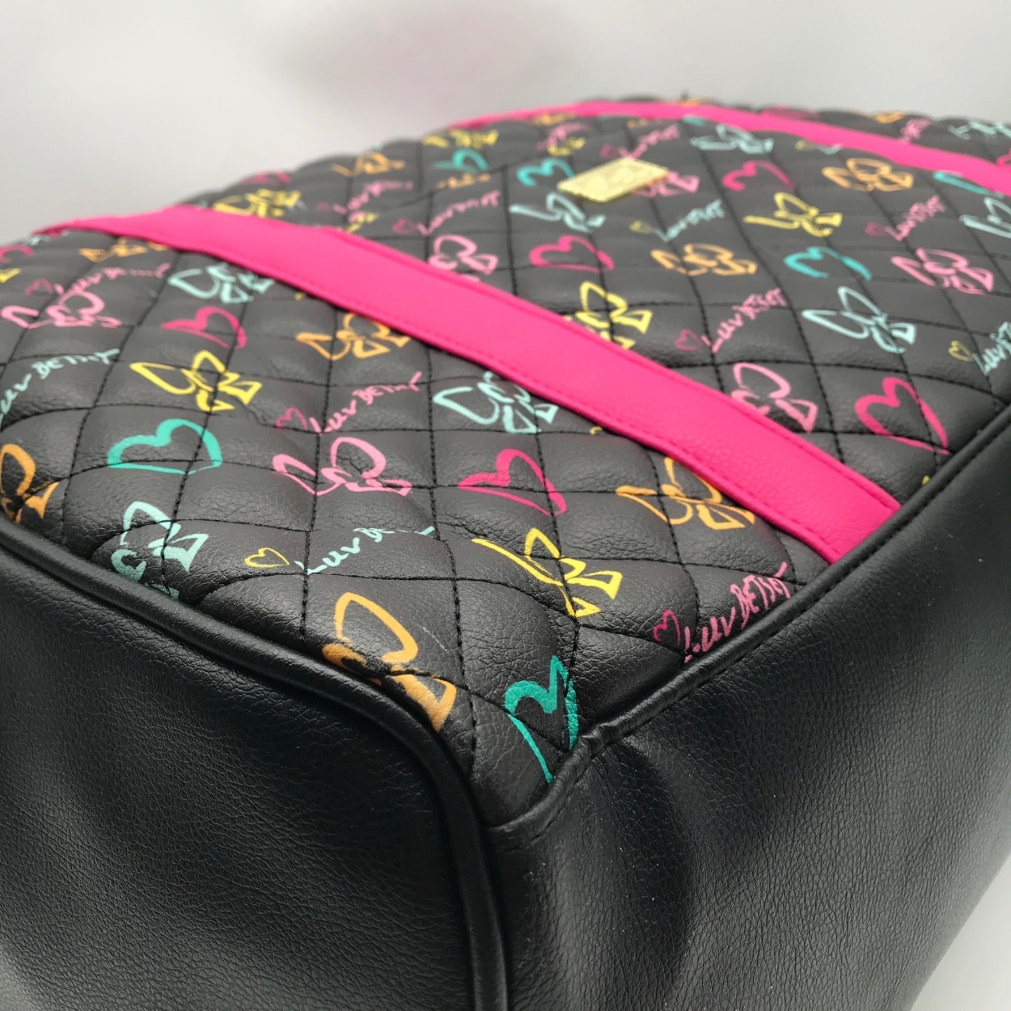 Betsy Johnson Black Quilted Leather Bow And Heart Duffel Bag With Pouch