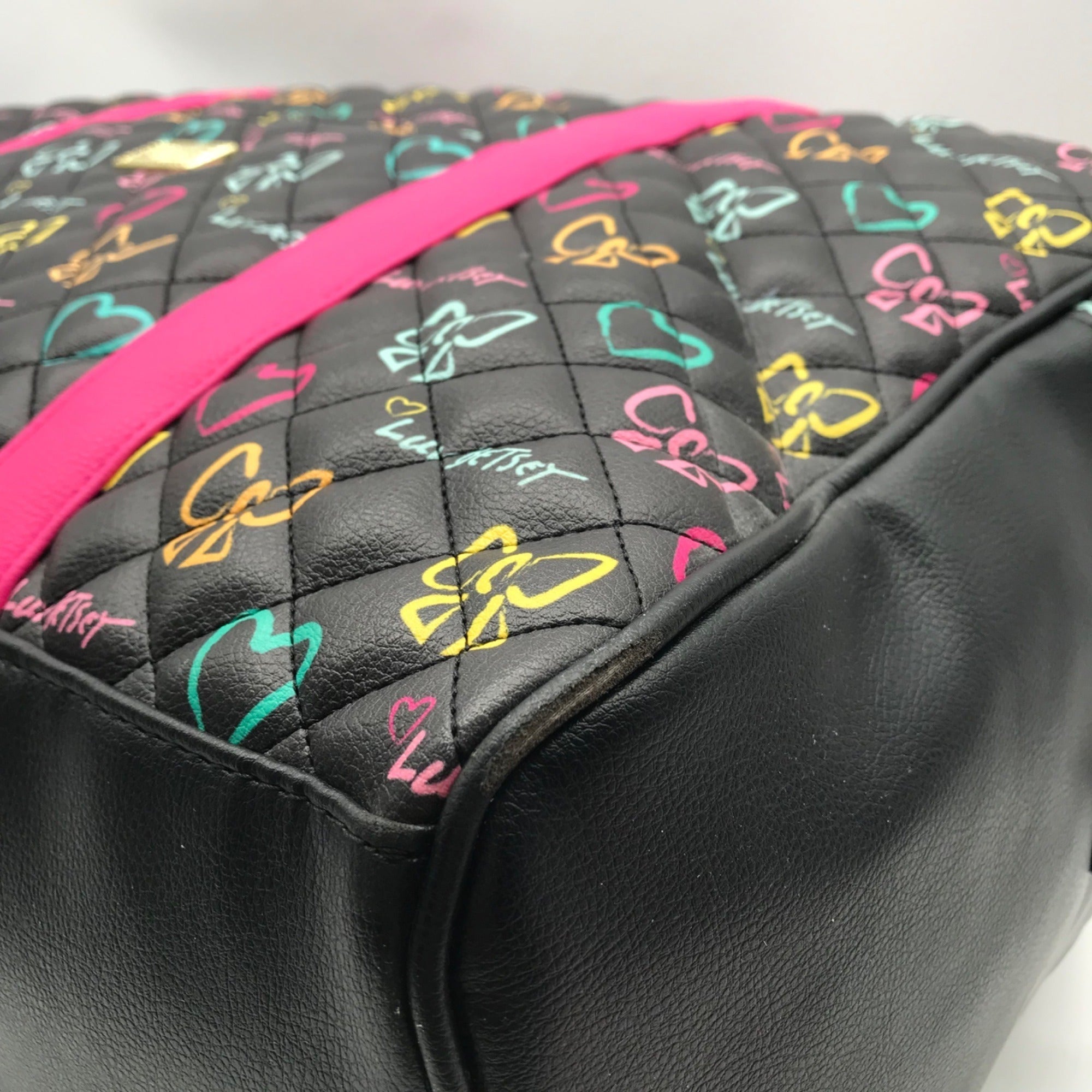 Betsy Johnson Black Quilted Leather Bow And Heart Duffel Bag With Pouch