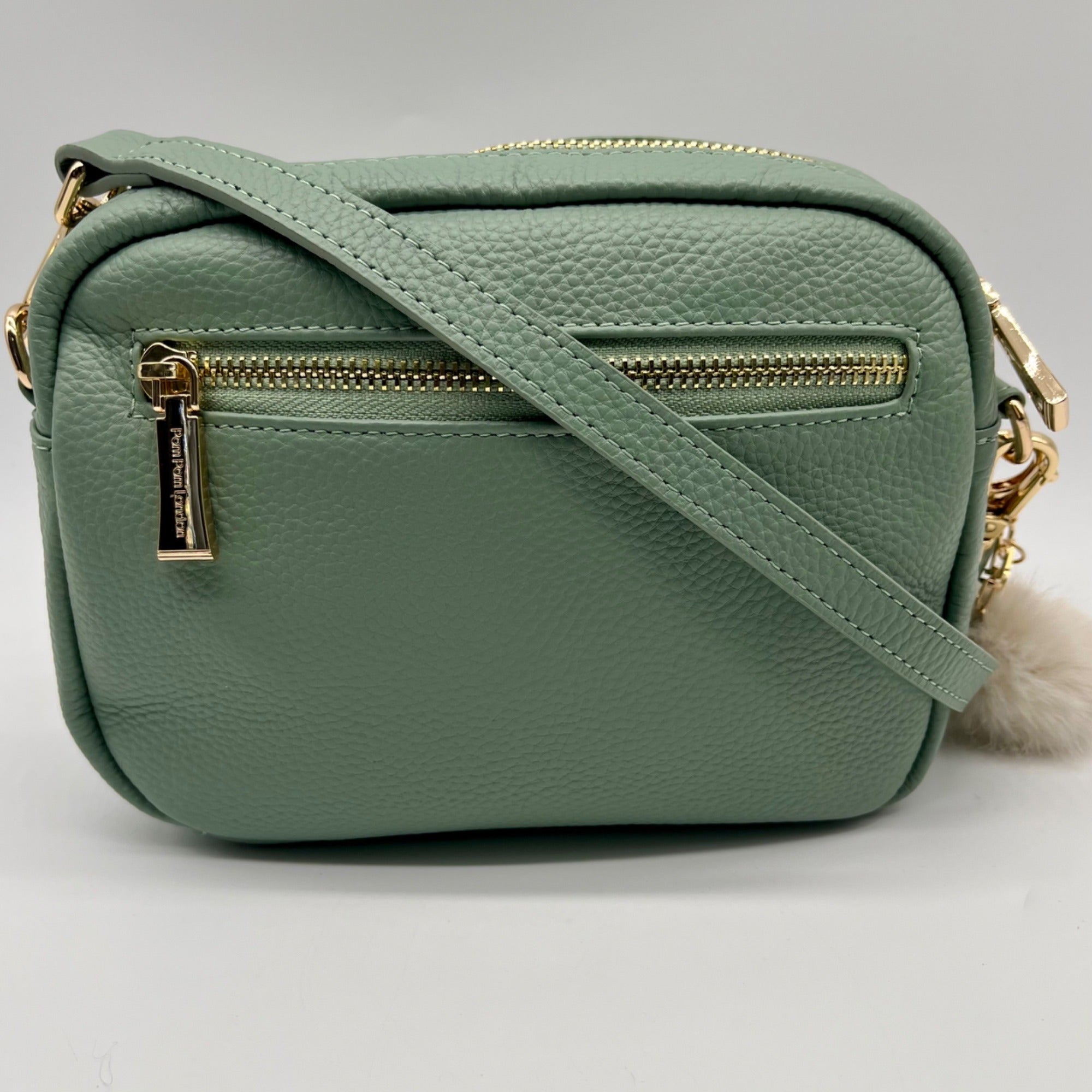 Pom Pom Green Leather Crossbody Bag