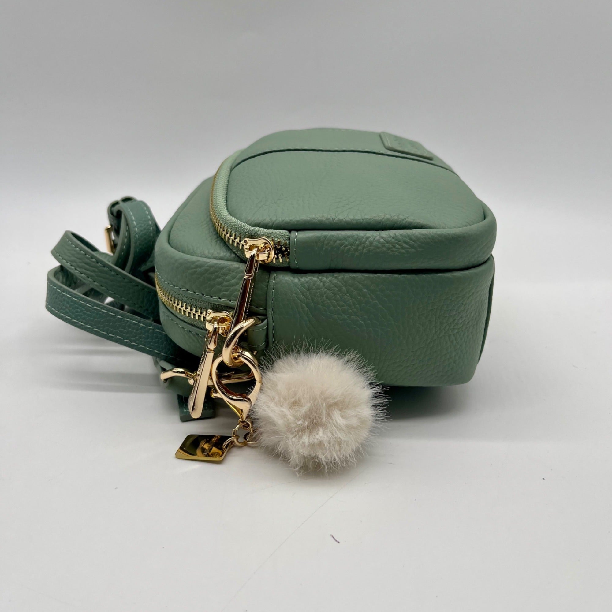 Pom Pom Green Leather Crossbody Bag