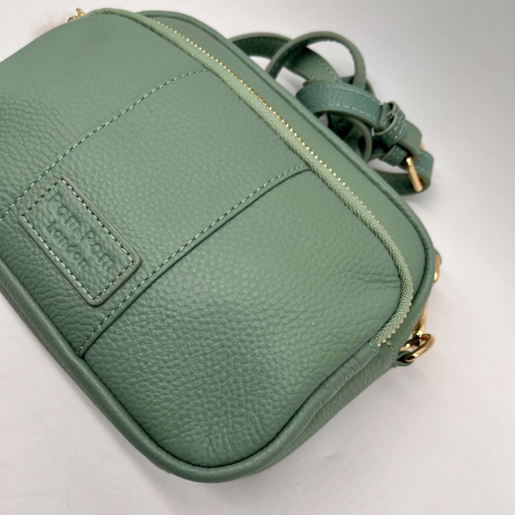 Pom Pom Green Leather Crossbody Bag
