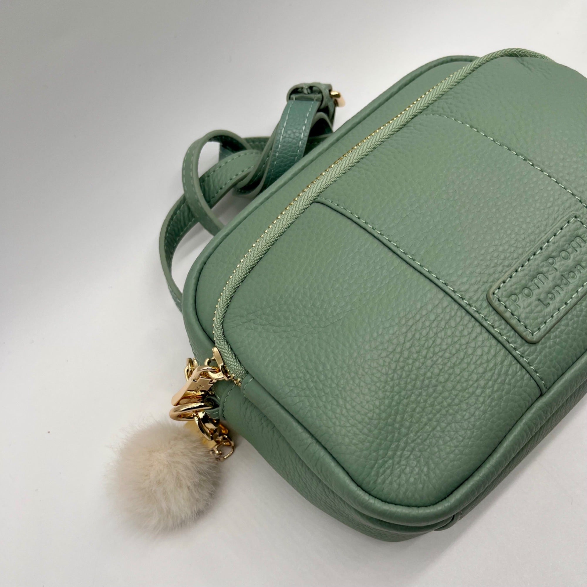 Pom Pom Green Leather Crossbody Bag