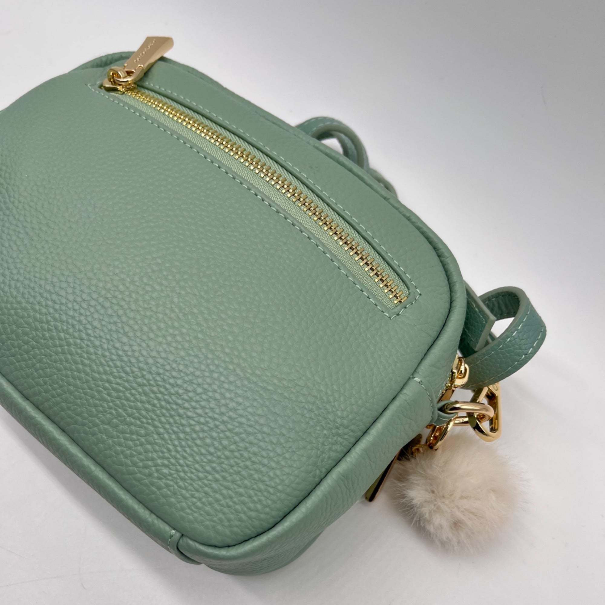 Pom Pom Green Leather Crossbody Bag