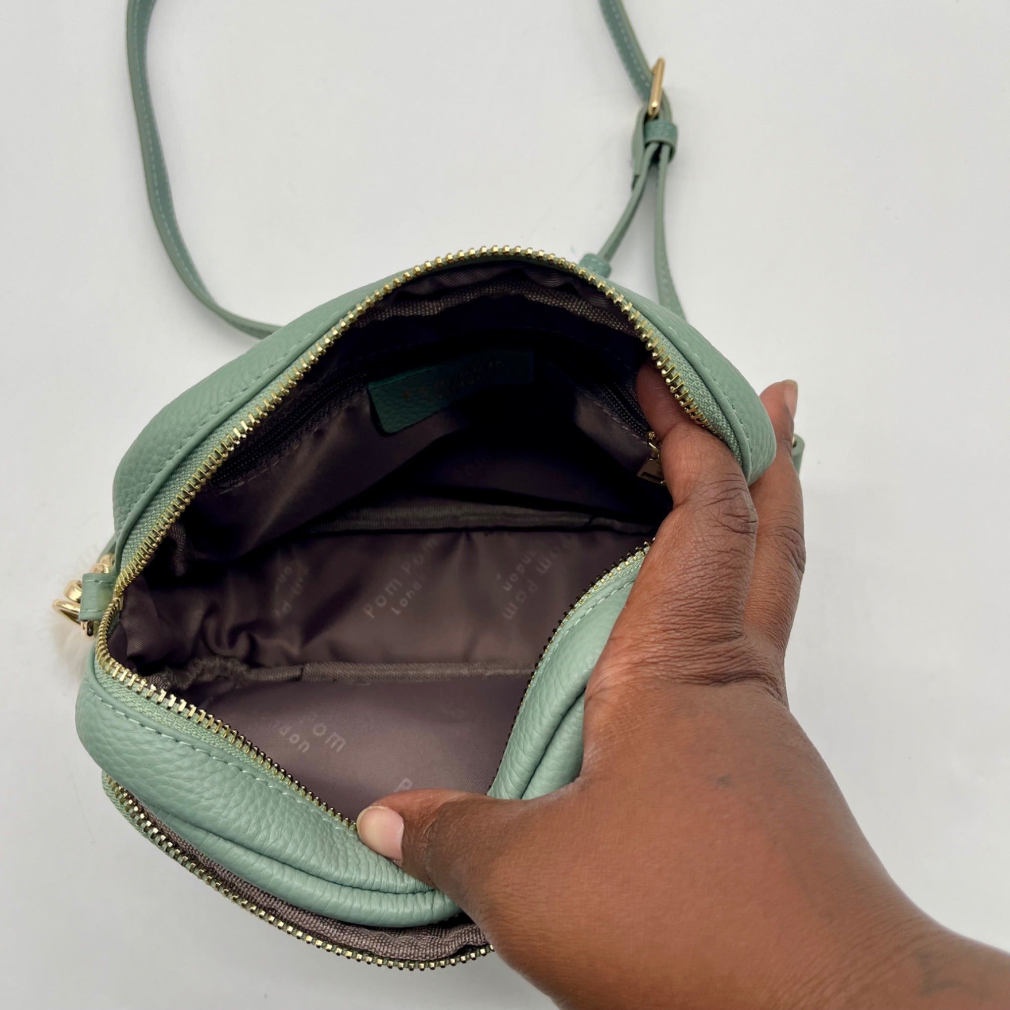 Pom Pom Green Leather Crossbody Bag