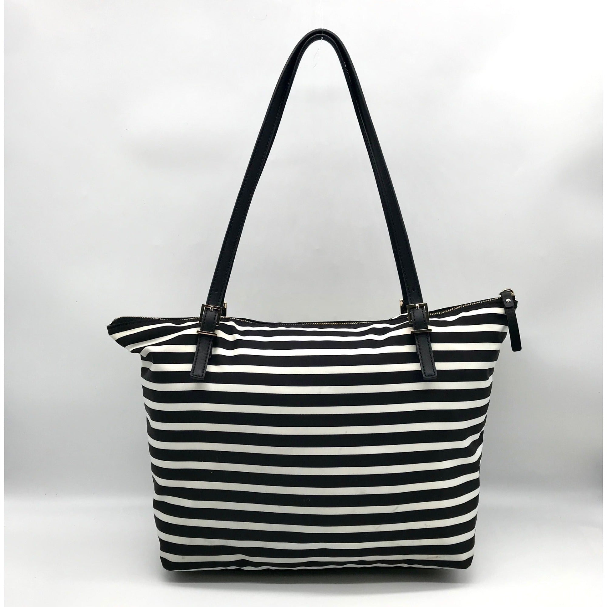 Kate Spade Black &amp; Clotted Cream Striped Nylon Watson Lane Maya Tote Bag