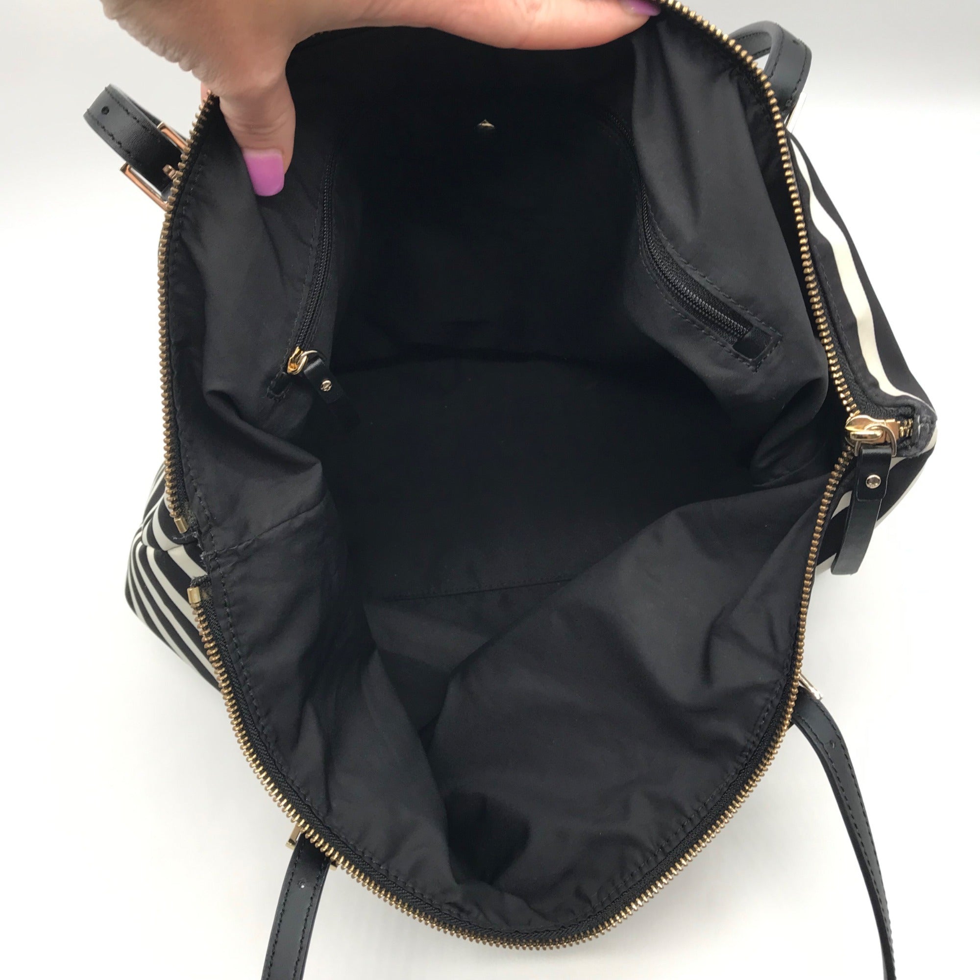 Kate Spade Black &amp; Clotted Cream Striped Nylon Watson Lane Maya Tote Bag