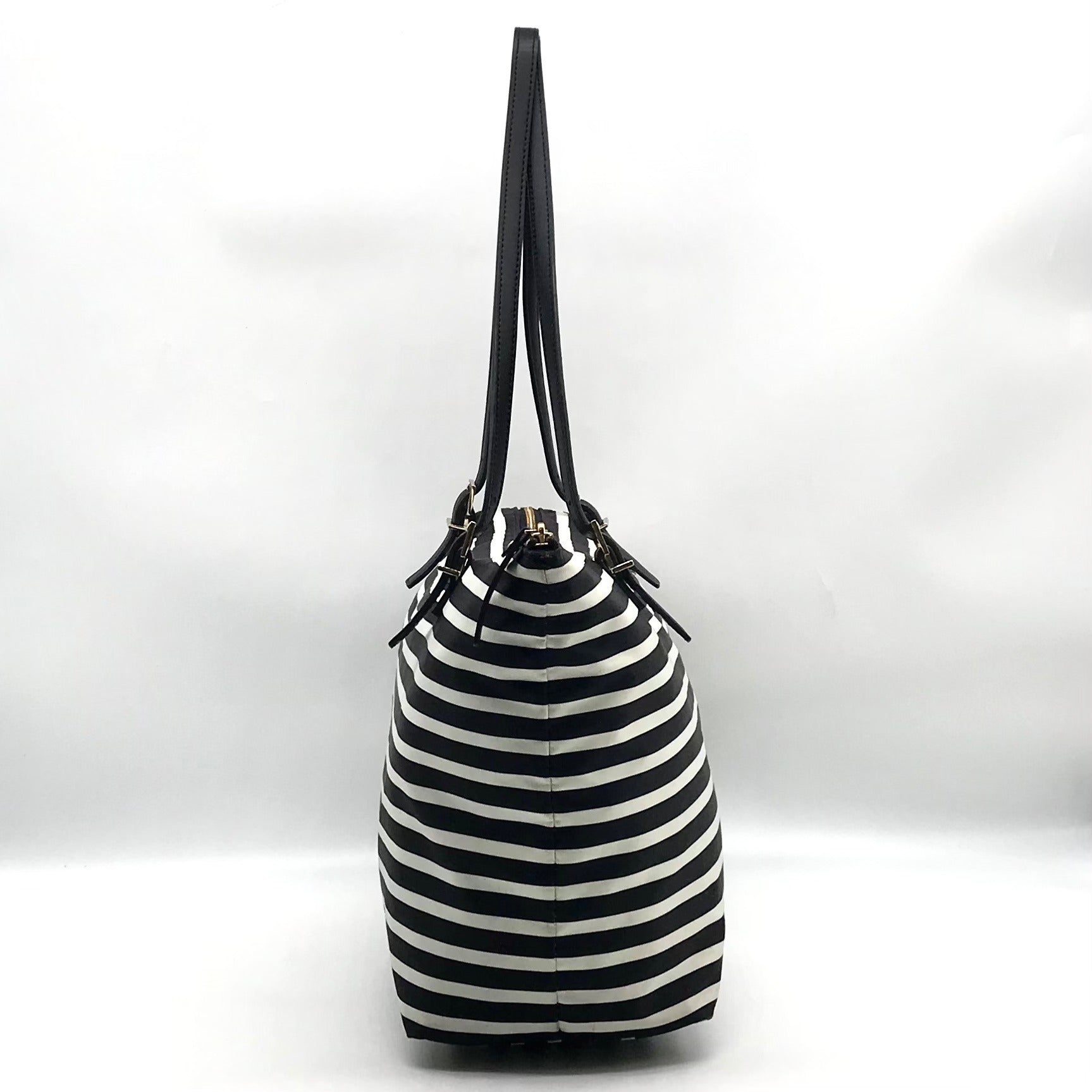 Kate Spade Black &amp; Clotted Cream Striped Nylon Watson Lane Maya Tote Bag