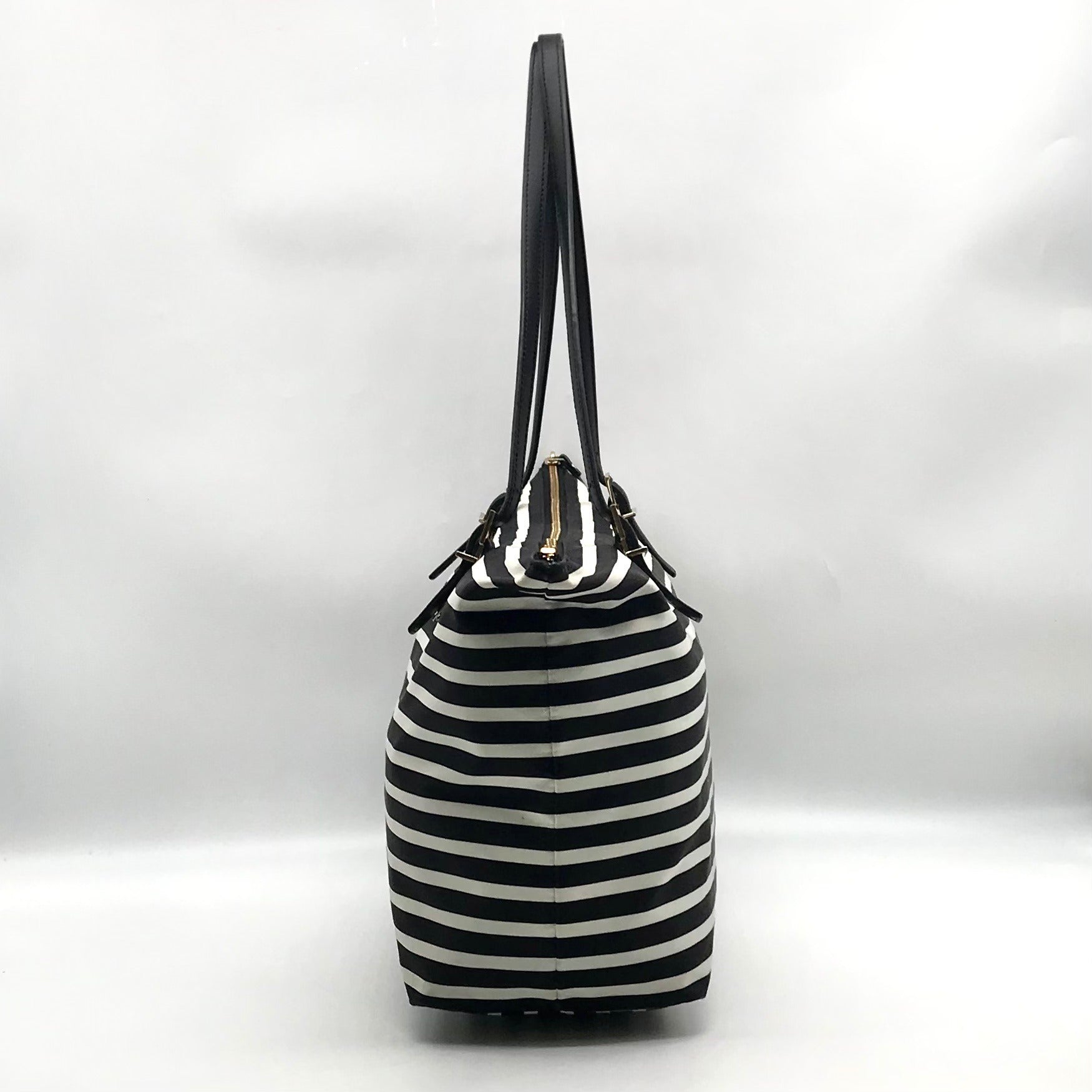 Kate Spade Black &amp; Clotted Cream Striped Nylon Watson Lane Maya Tote Bag