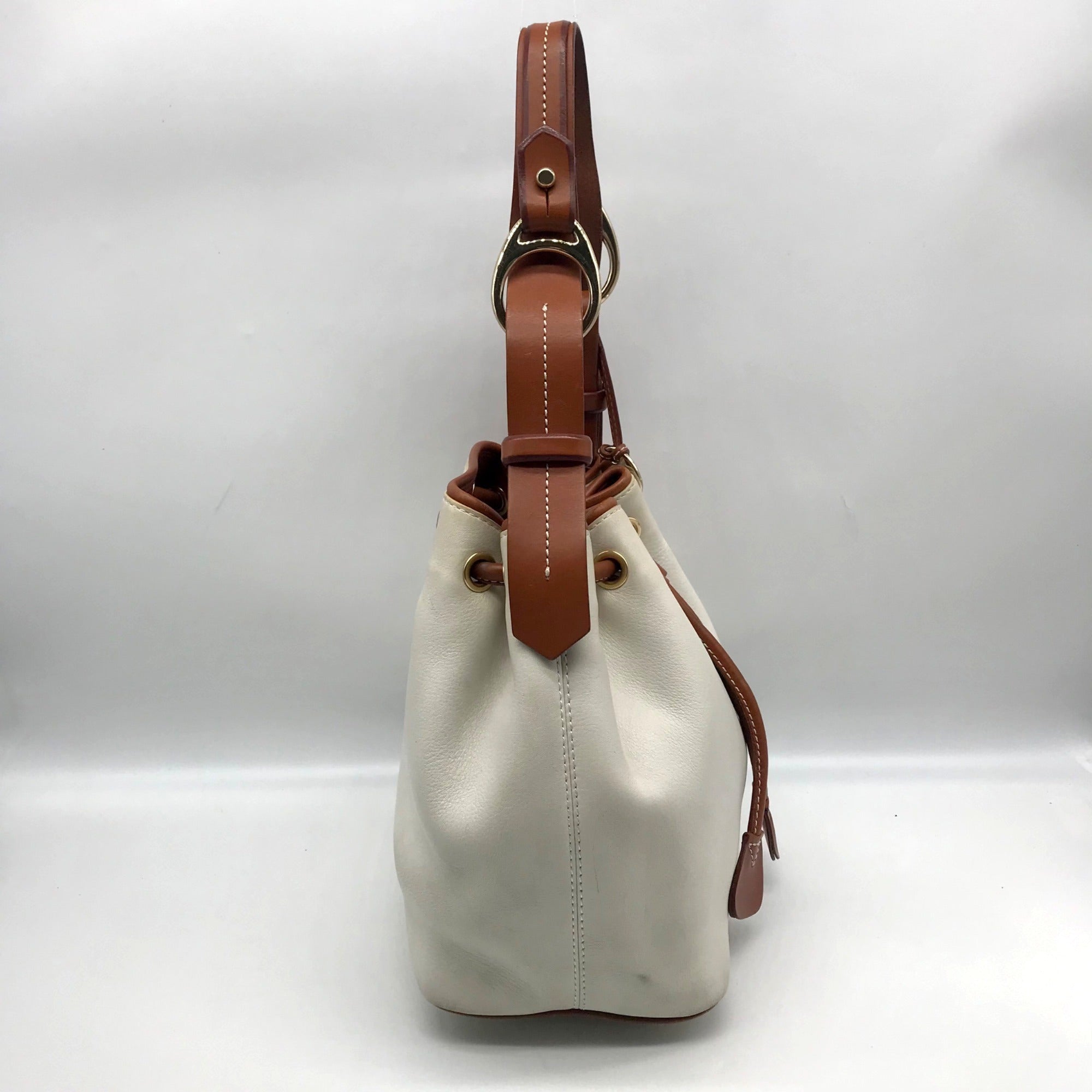 Dooney &amp; Bourke Ivory &amp; Brown Vintage Drawstring Shoulder Bag