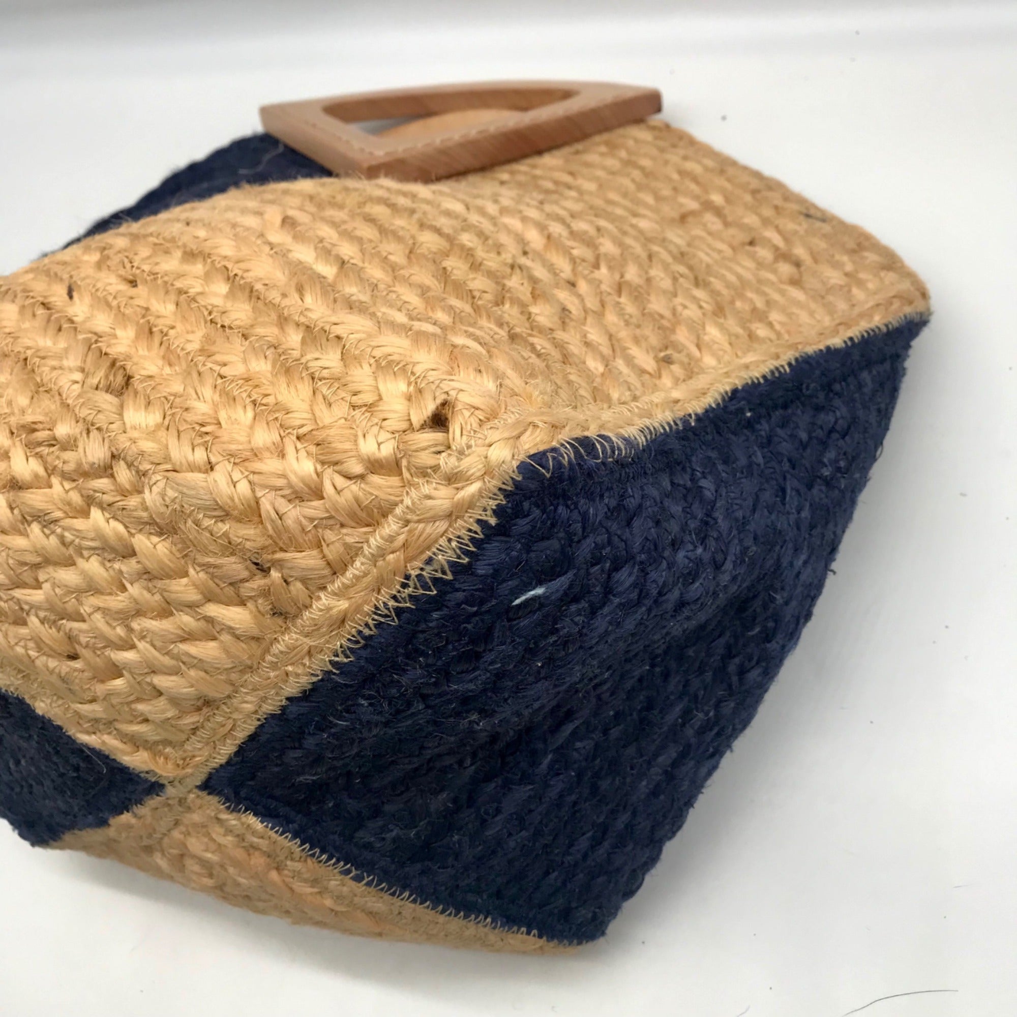 MMS Brands Natural Woven Jute and Blue Braided Tote Bag