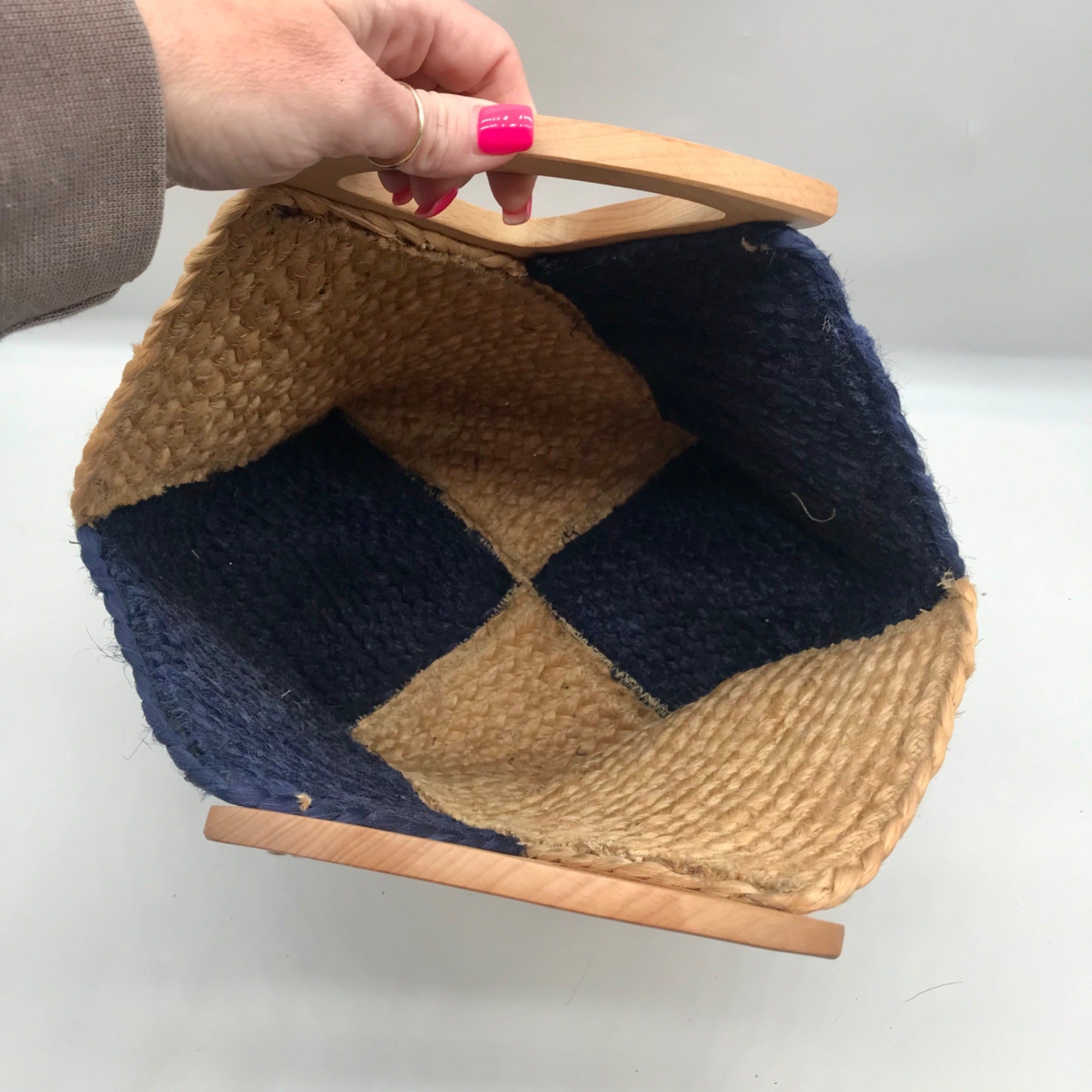 MMS Brands Natural Woven Jute and Blue Braided Tote Bag