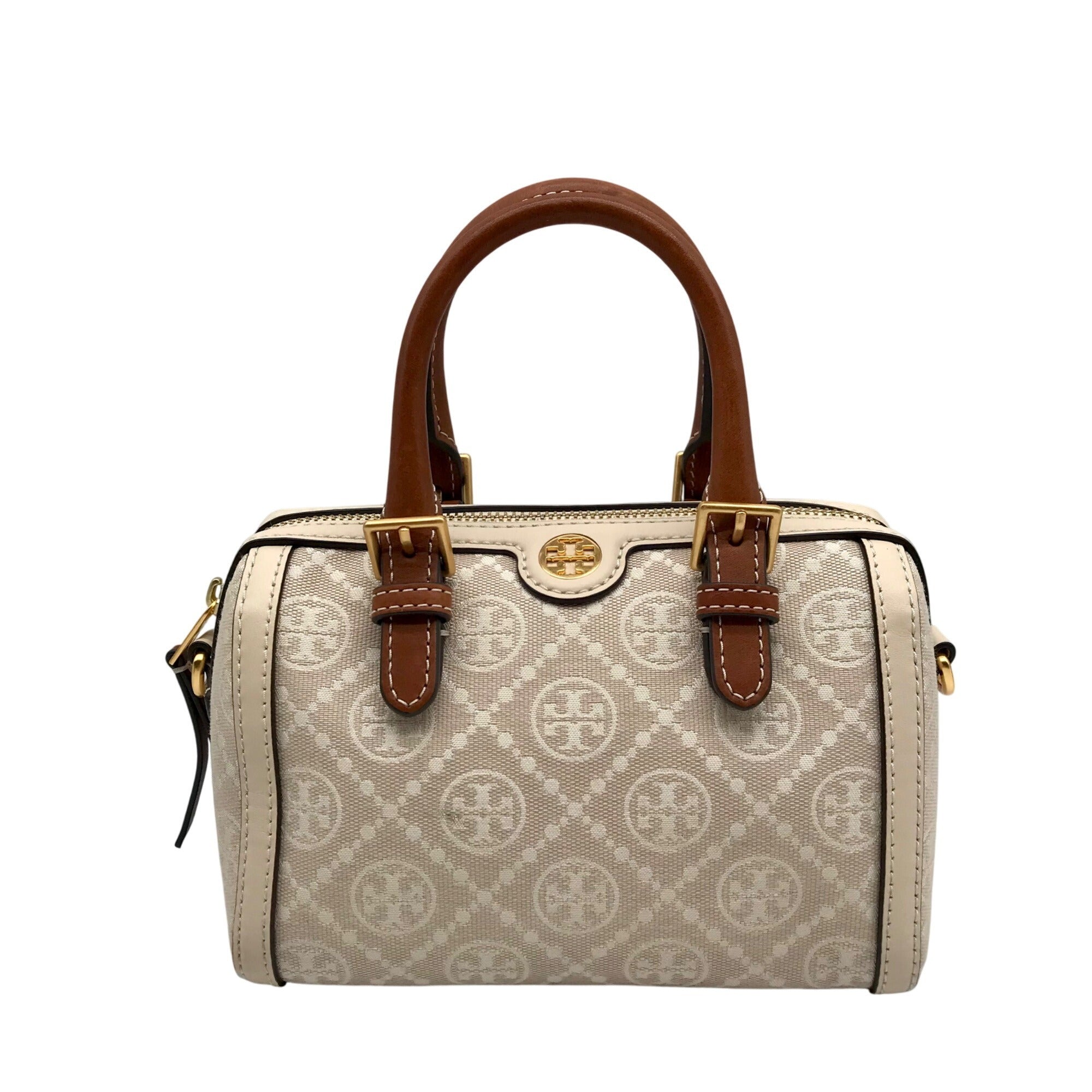 Tory Burch Beige Jacquard Monogram Logo Petite Barrel Bag