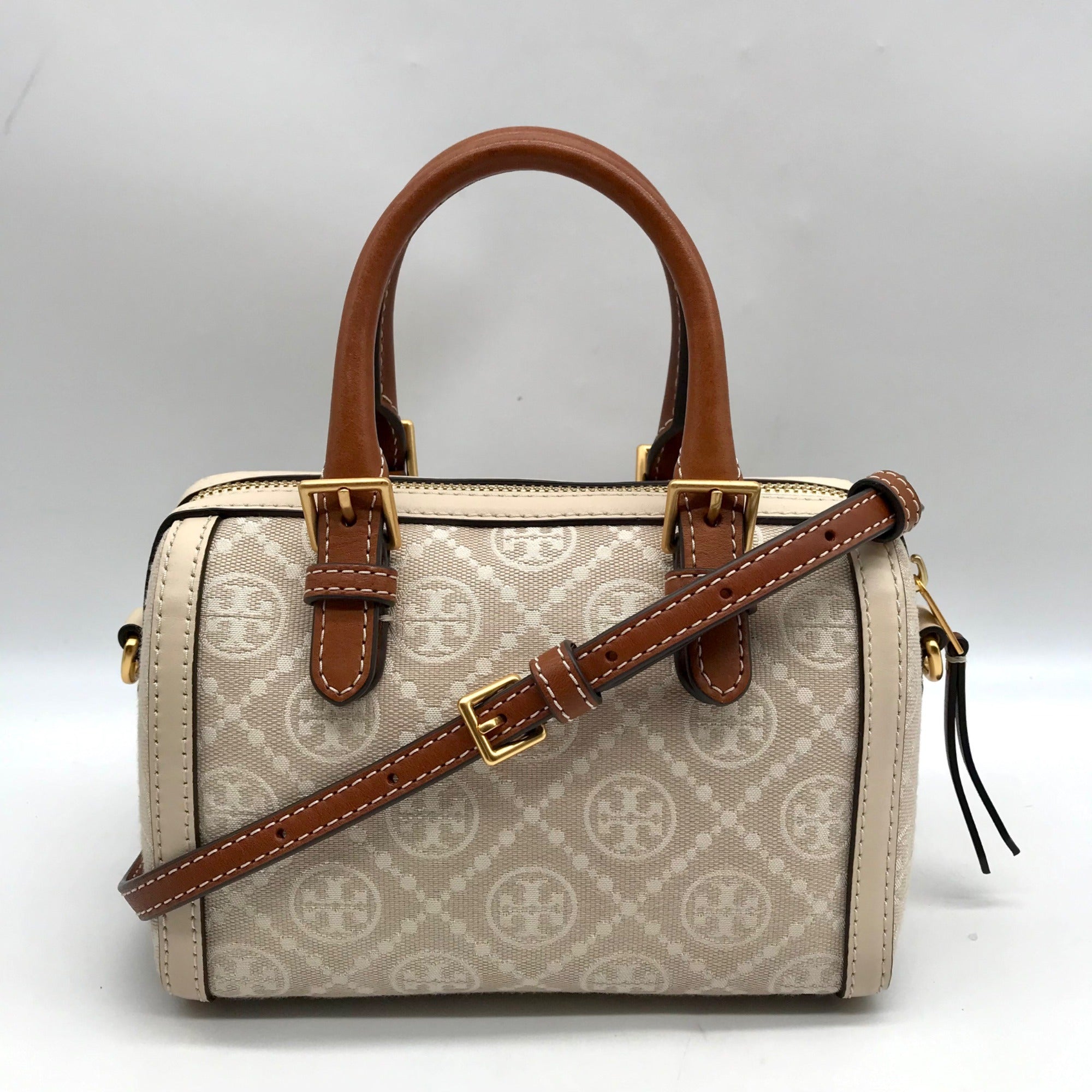 Tory Burch Beige Jacquard Monogram Logo Petite Barrel Bag