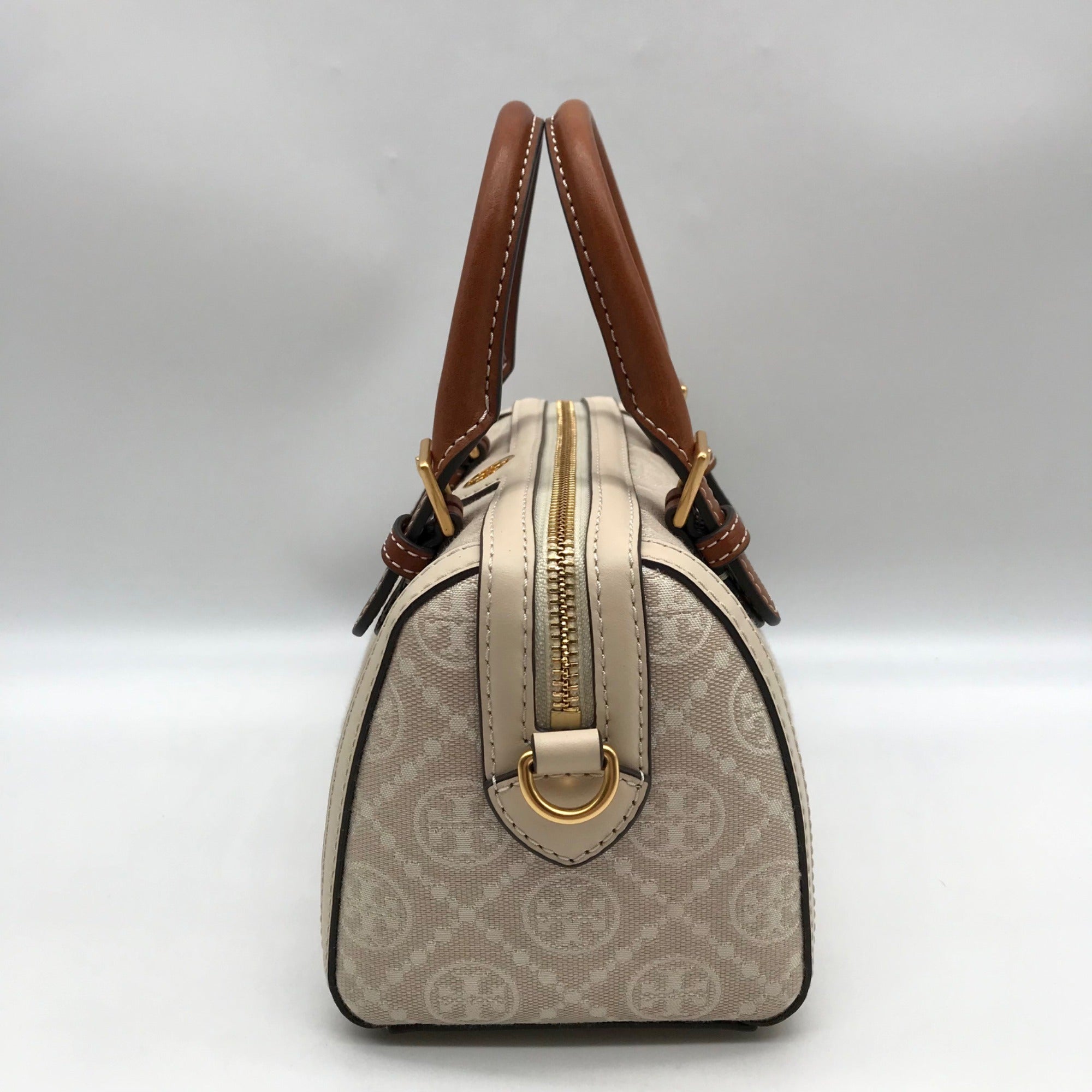 Tory Burch Beige Jacquard Monogram Logo Petite Barrel Bag