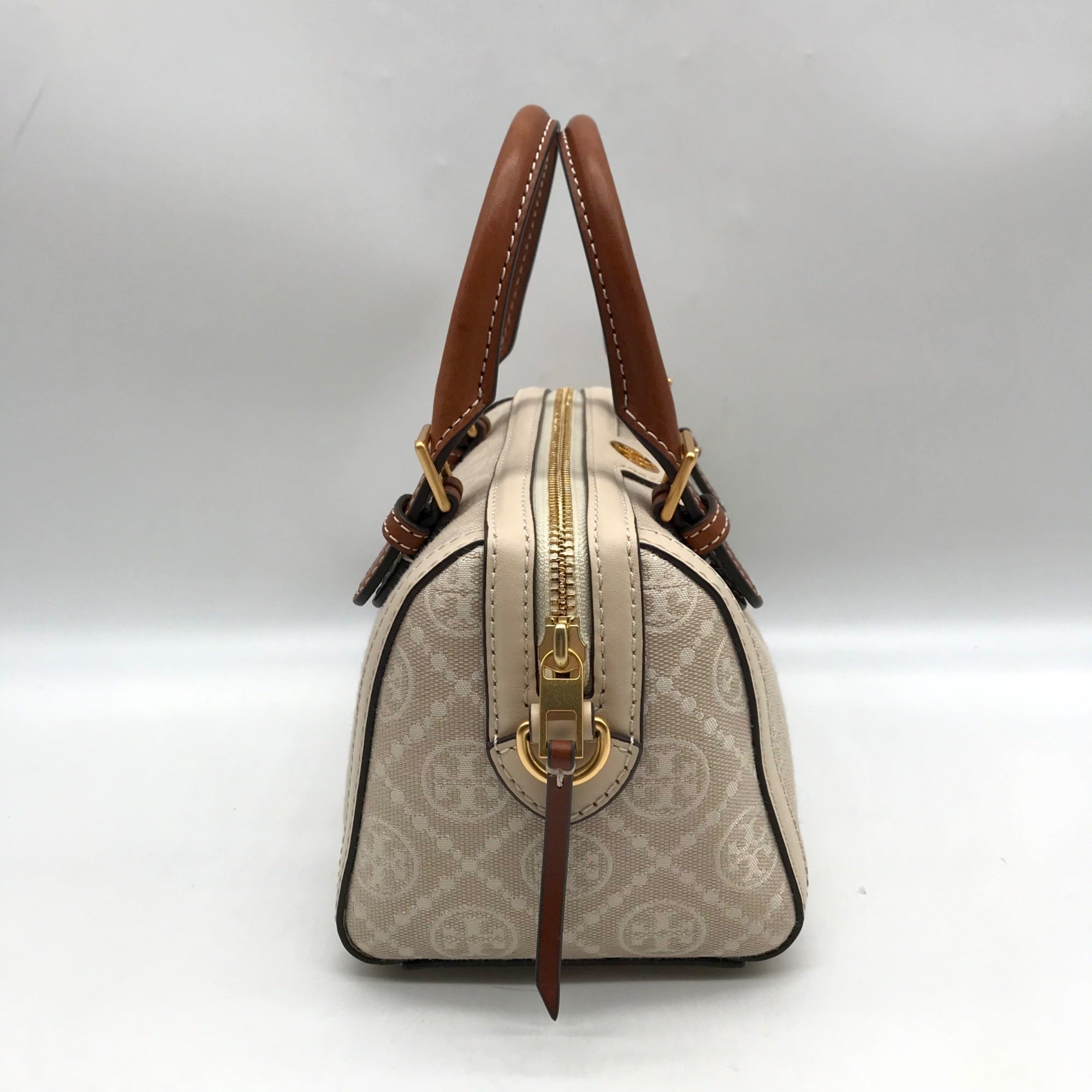 Tory Burch Beige Jacquard Monogram Logo Petite Barrel Bag