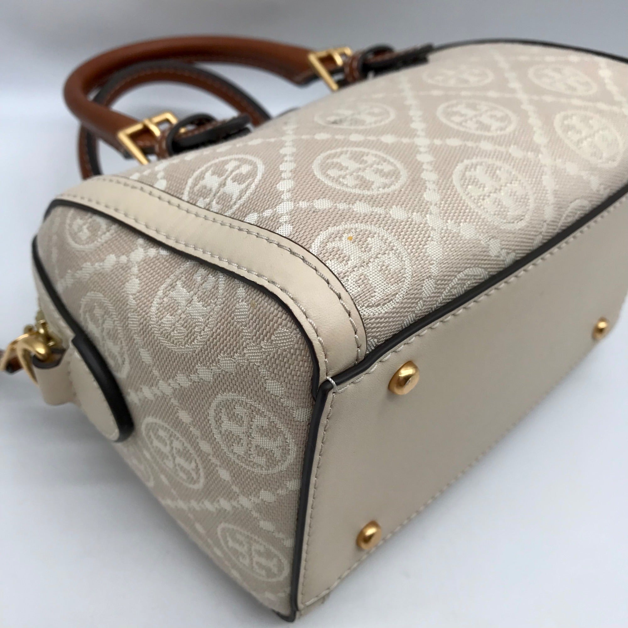 Tory Burch Beige Jacquard Monogram Logo Petite Barrel Bag