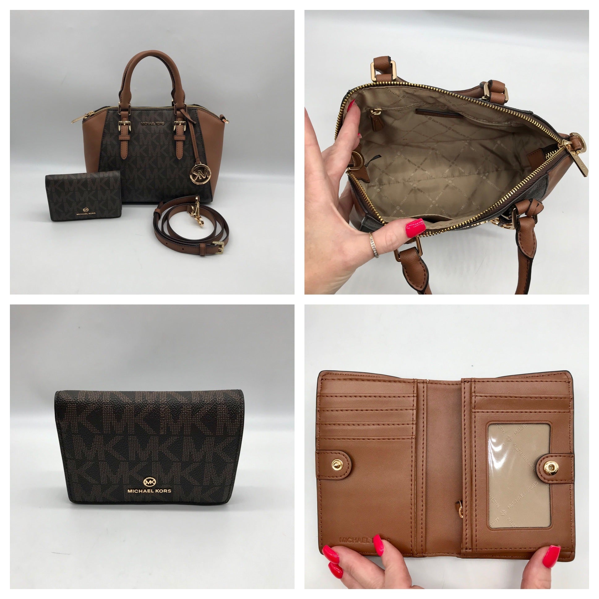 Michael Kors Brown Coated Canvas Monogram Ciara Satchel Bag And Wallet