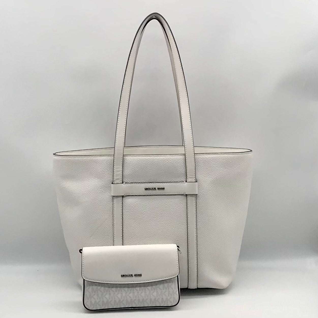 Michael Kors White Pebbled Leather Jest Set Large 2-in-1 Tote Bag and Mini Purse