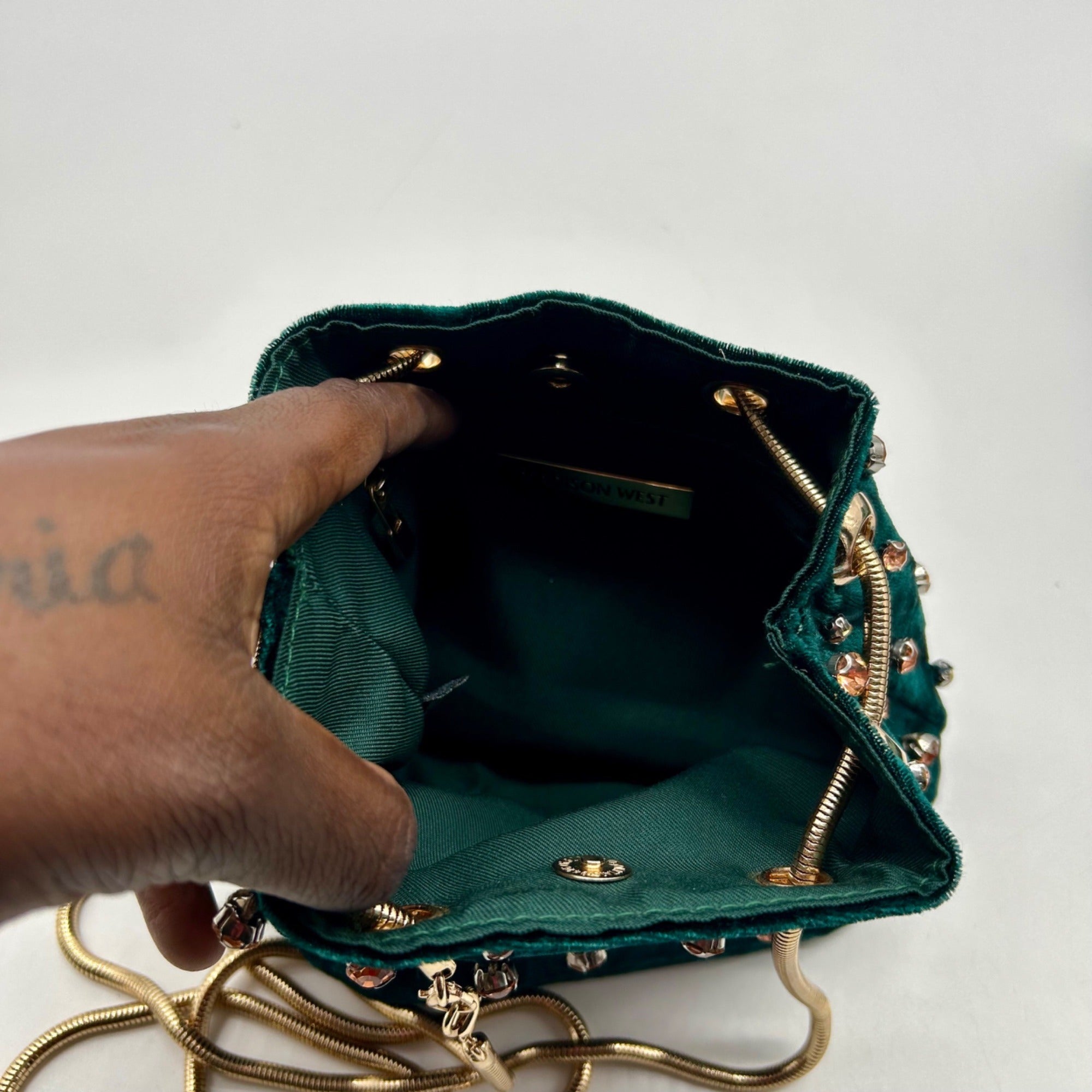 Madison West Green Velvet Party Bucket Bag