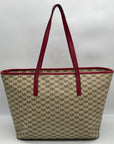 Michael Kors Beige Canvas And Red Leather Trim Monogram Tote Bag