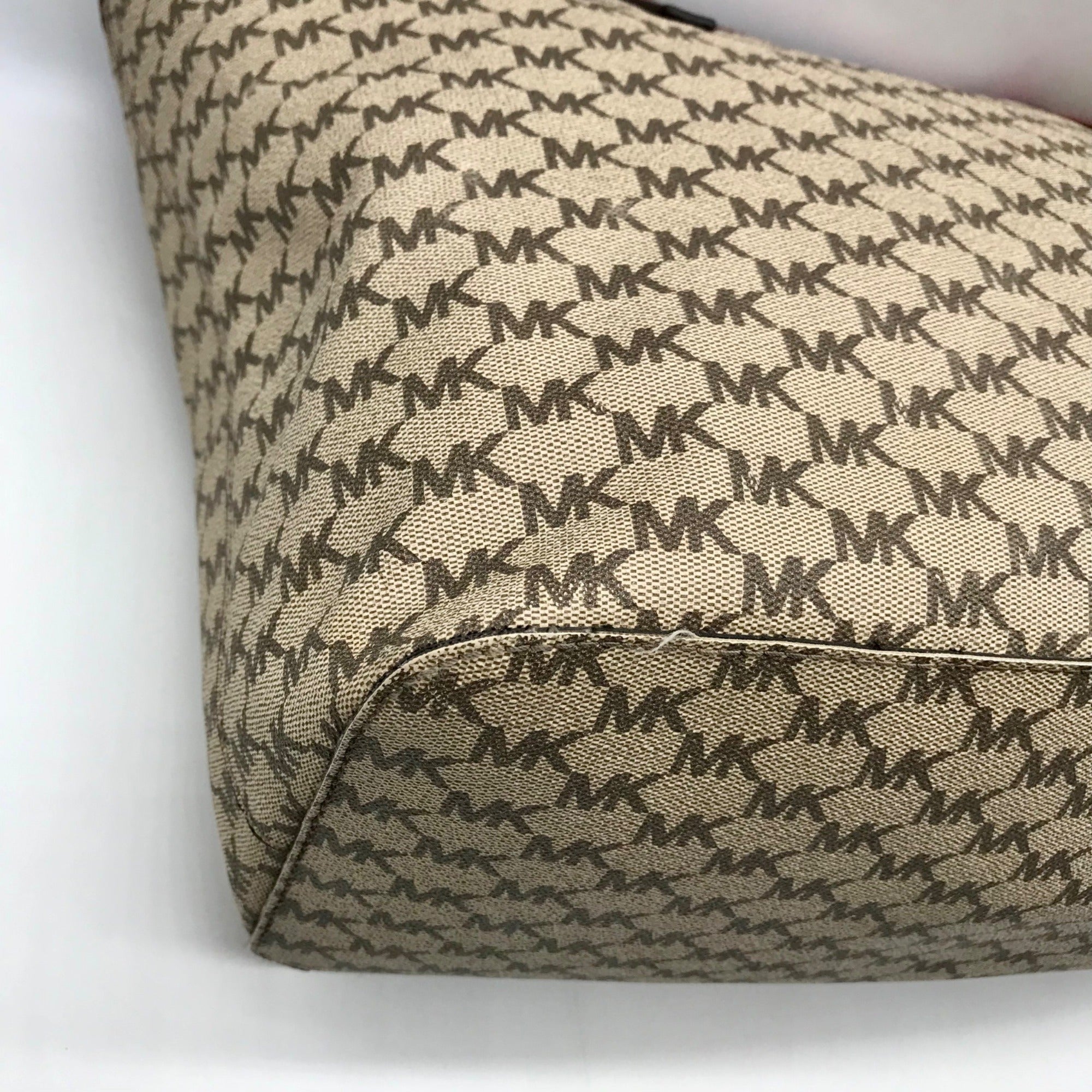 Michael Kors Beige Canvas And Red Leather Trim Monogram Tote Bag