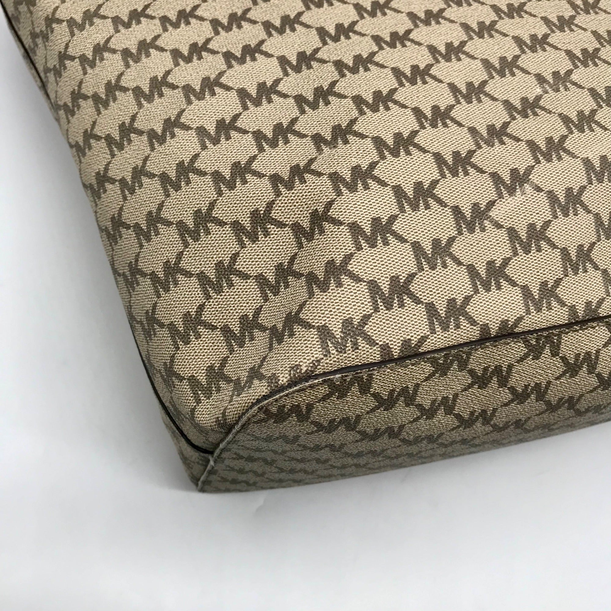 Michael Kors Beige Canvas And Red Leather Trim Monogram Tote Bag