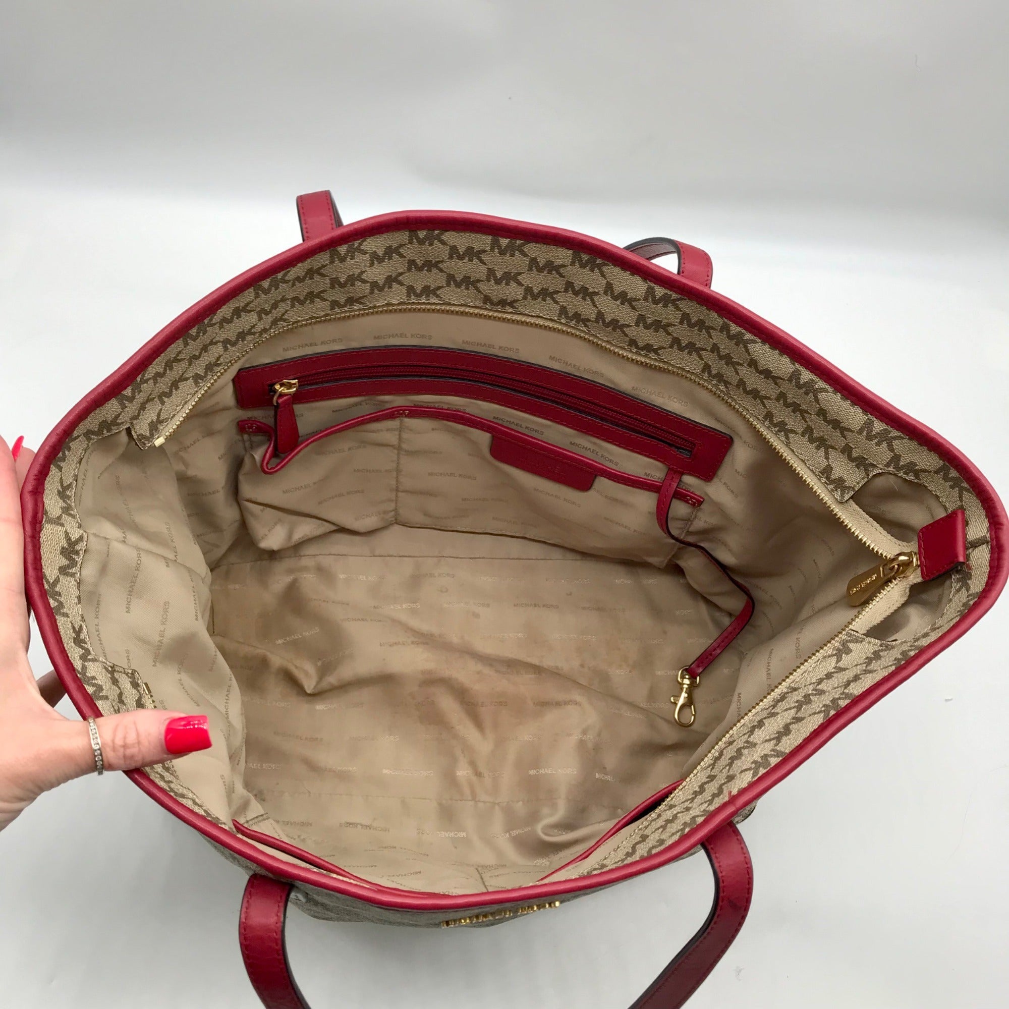 Michael Kors Beige Canvas And Red Leather Trim Monogram Tote Bag