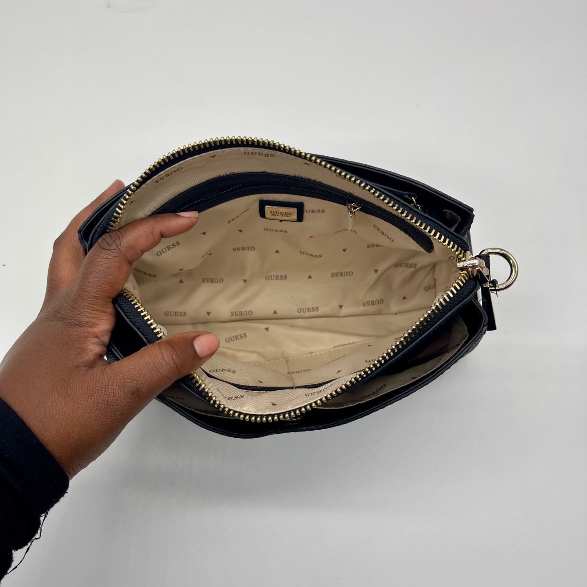 Guess Black Triple Compartment Leather Crossbody Bag