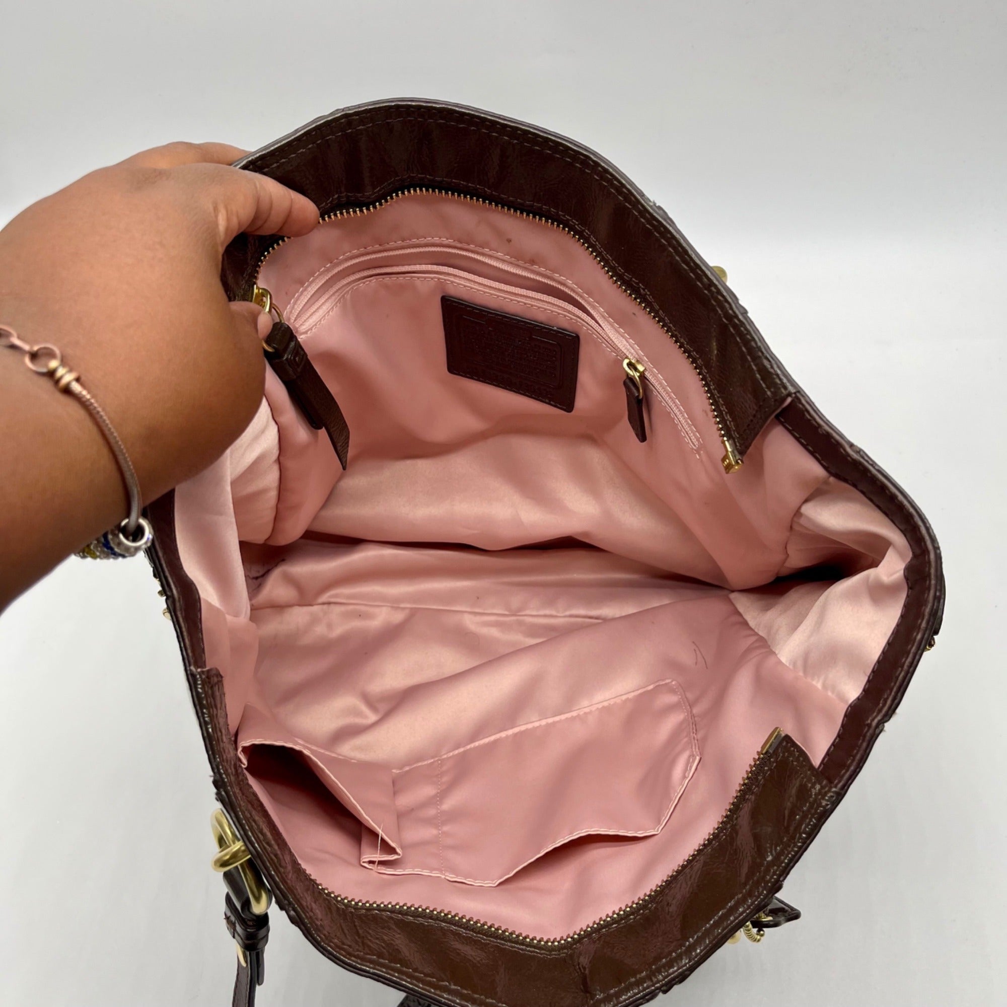 Coach Brown Patent Leather Zipper Bag F20432