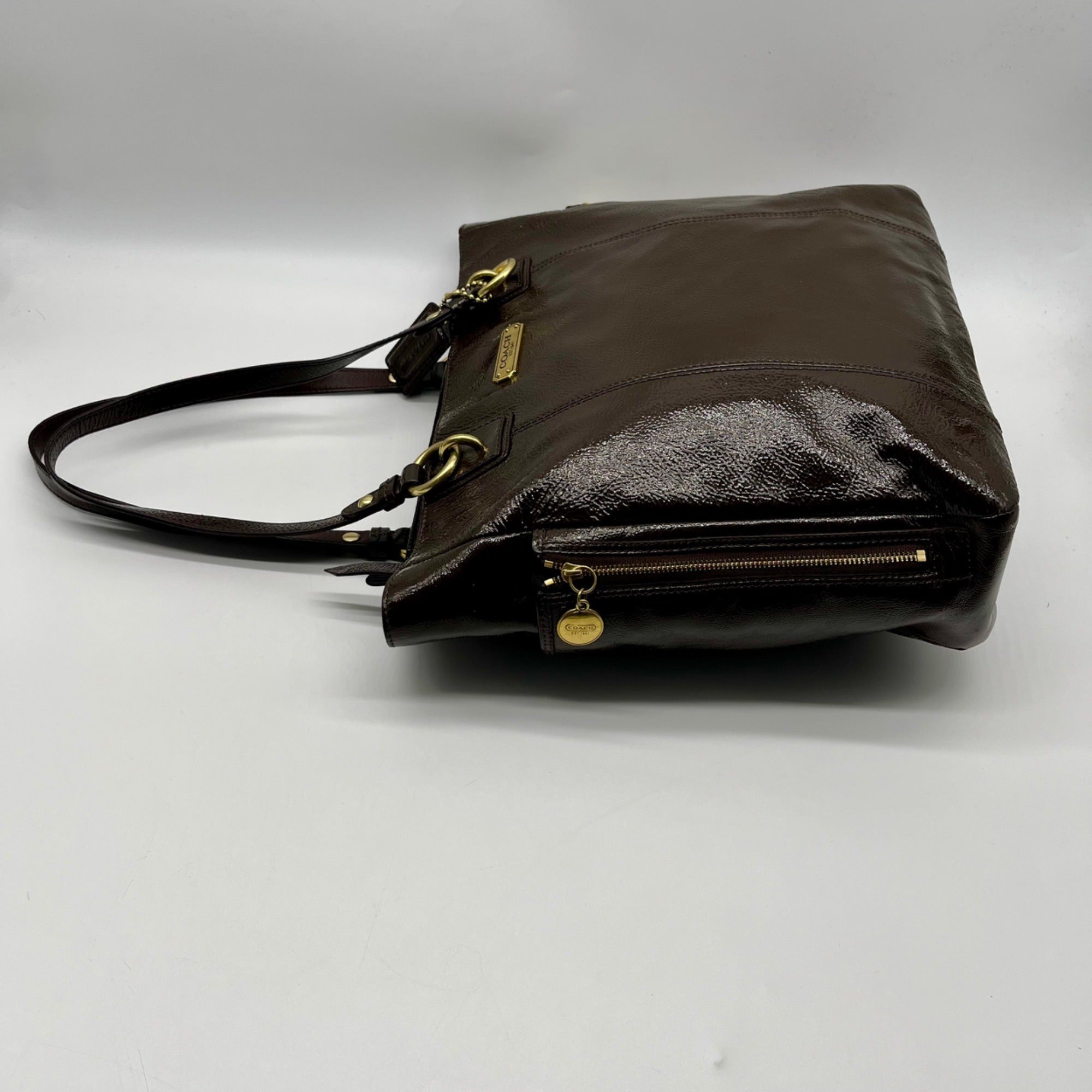 Coach Brown Patent Leather Zipper Bag F20432