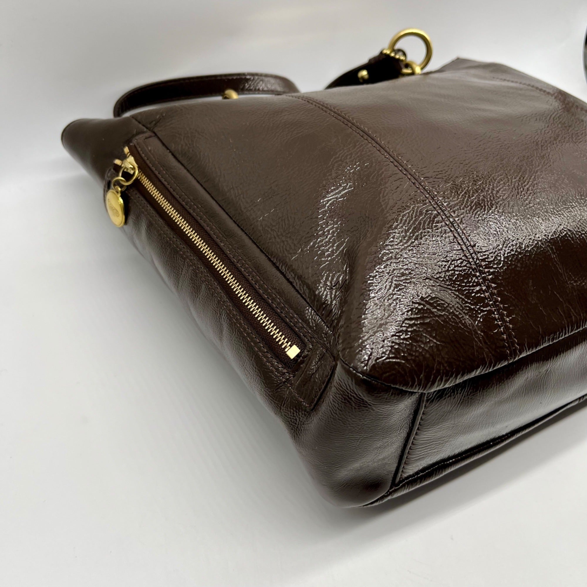 Coach Brown Patent Leather Zipper Bag F20432