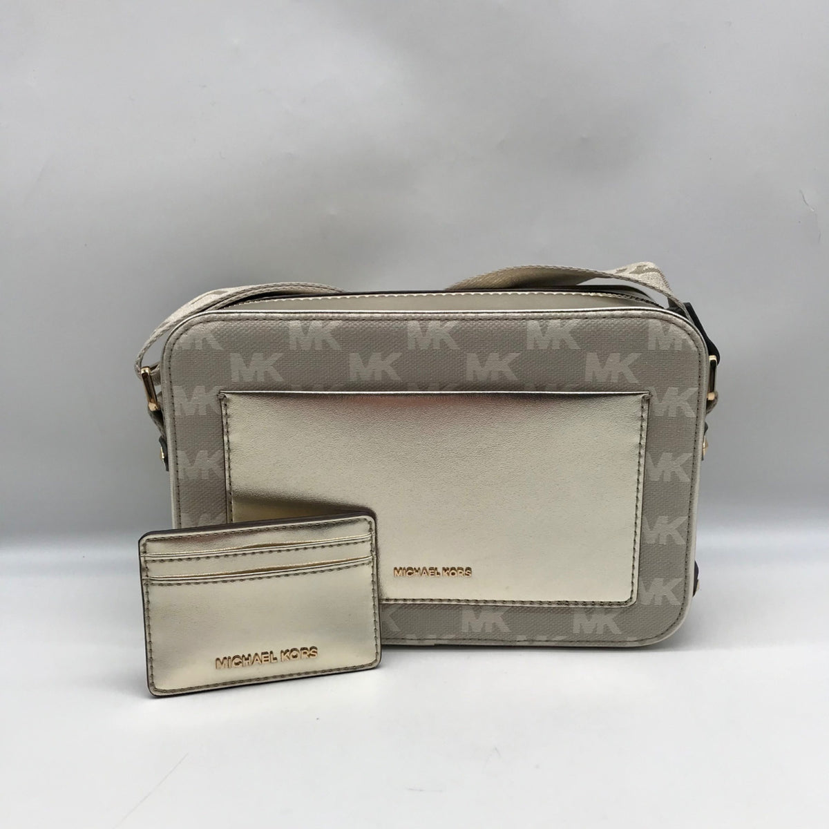 Michael Kors Metallic Gold Fabric Maeve Small East West Pocket bag