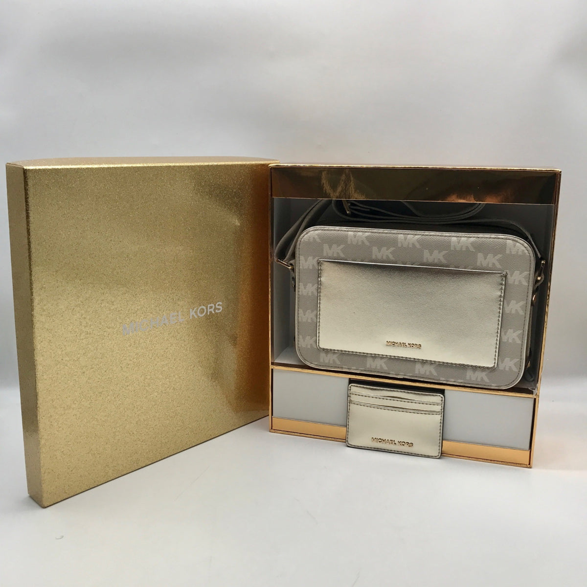 Michael Kors Metallic Gold Fabric Maeve Small East West Pocket bag