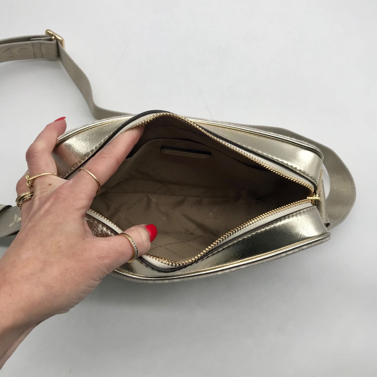 Michael Kors Metallic Gold Fabric Maeve Small East West Pocket bag
